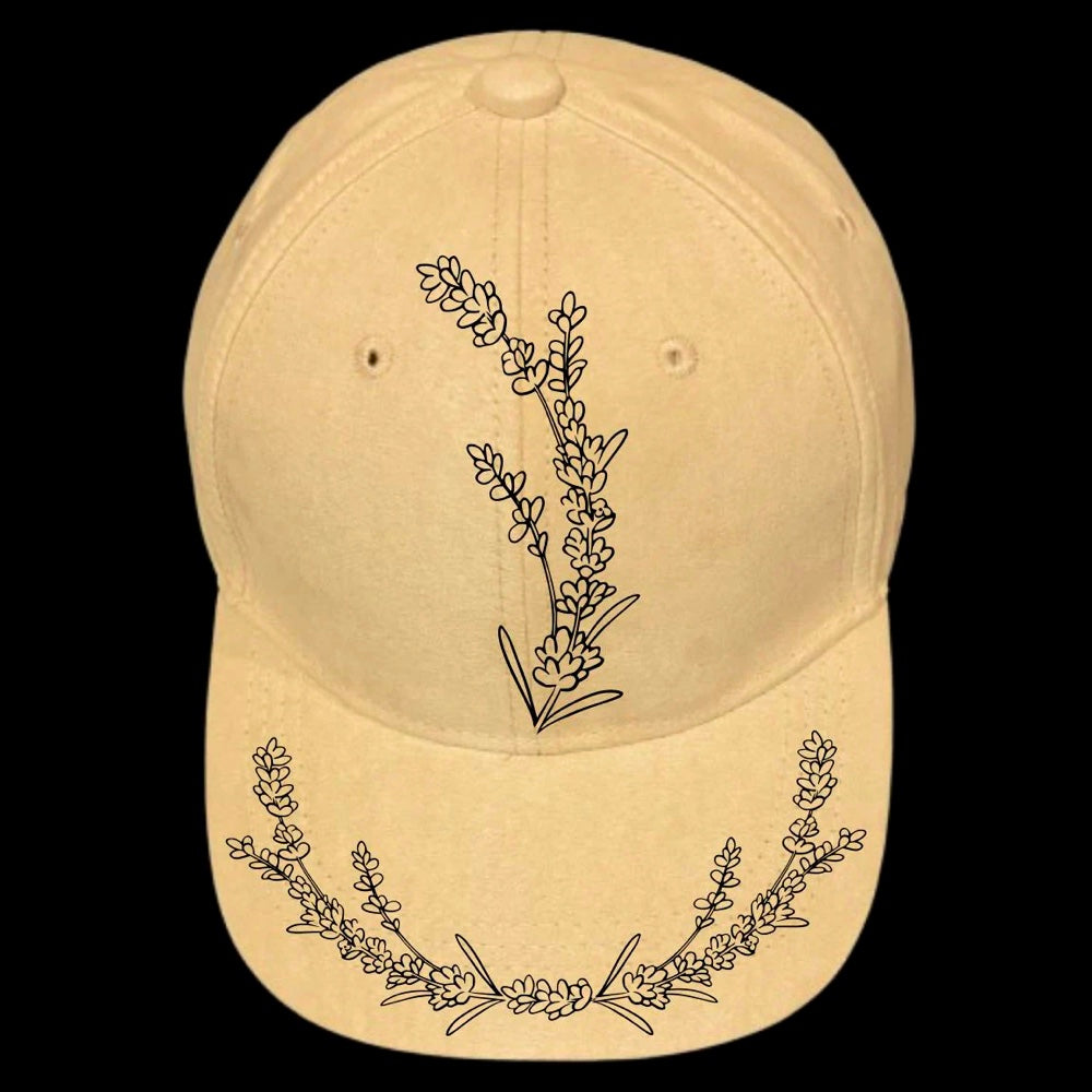 Lavender Spray burned hat design on a baseball cap