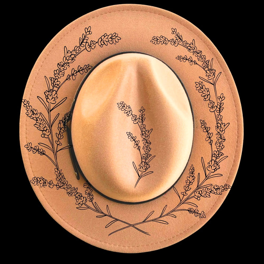 Lavender Wreath burned hat burning design on a narrow brim hat