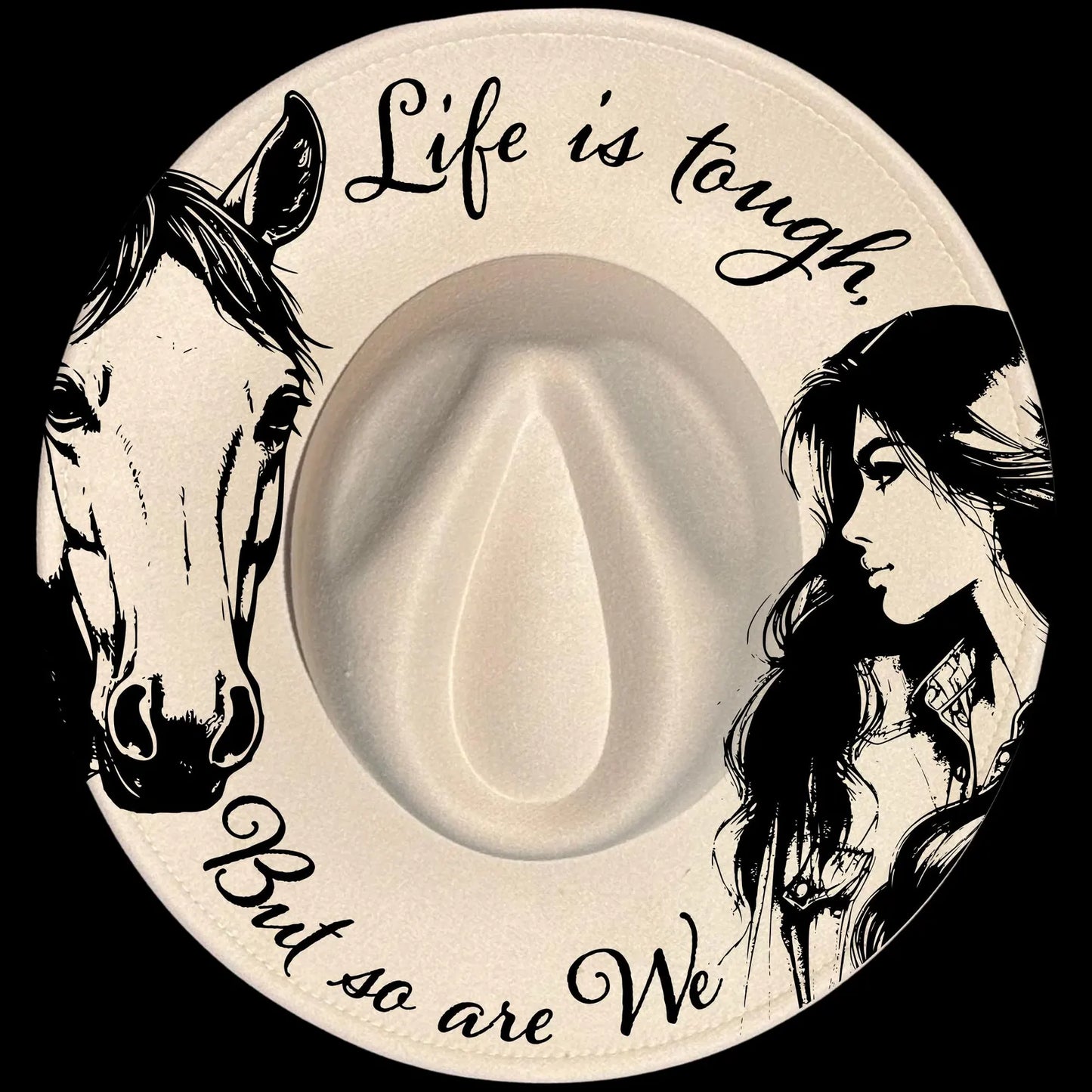 Life Is Tough burned hat burning design on a wide brim hat