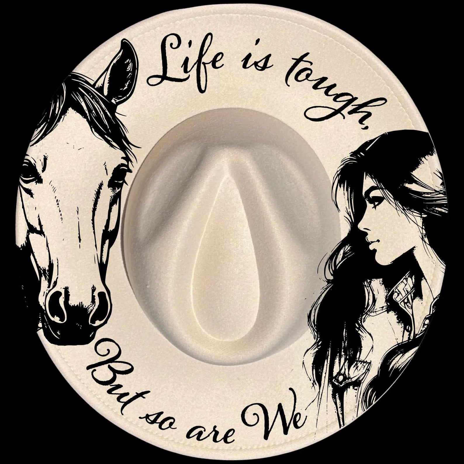 Life Is Tough burned hat burning design on a wide brim hat