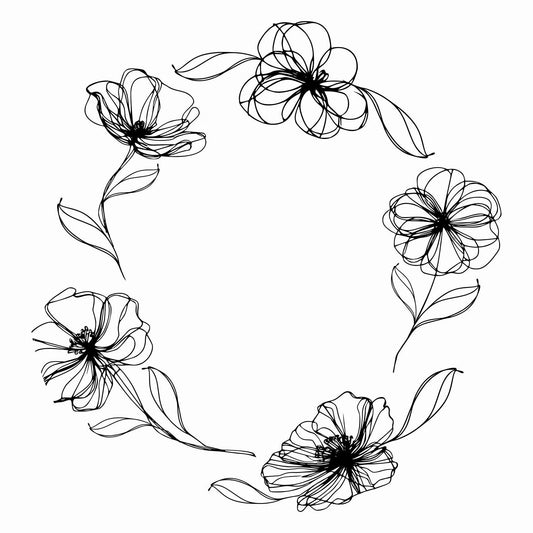 Black line hat burning design art poppies arranged in a circular pattern on a white background