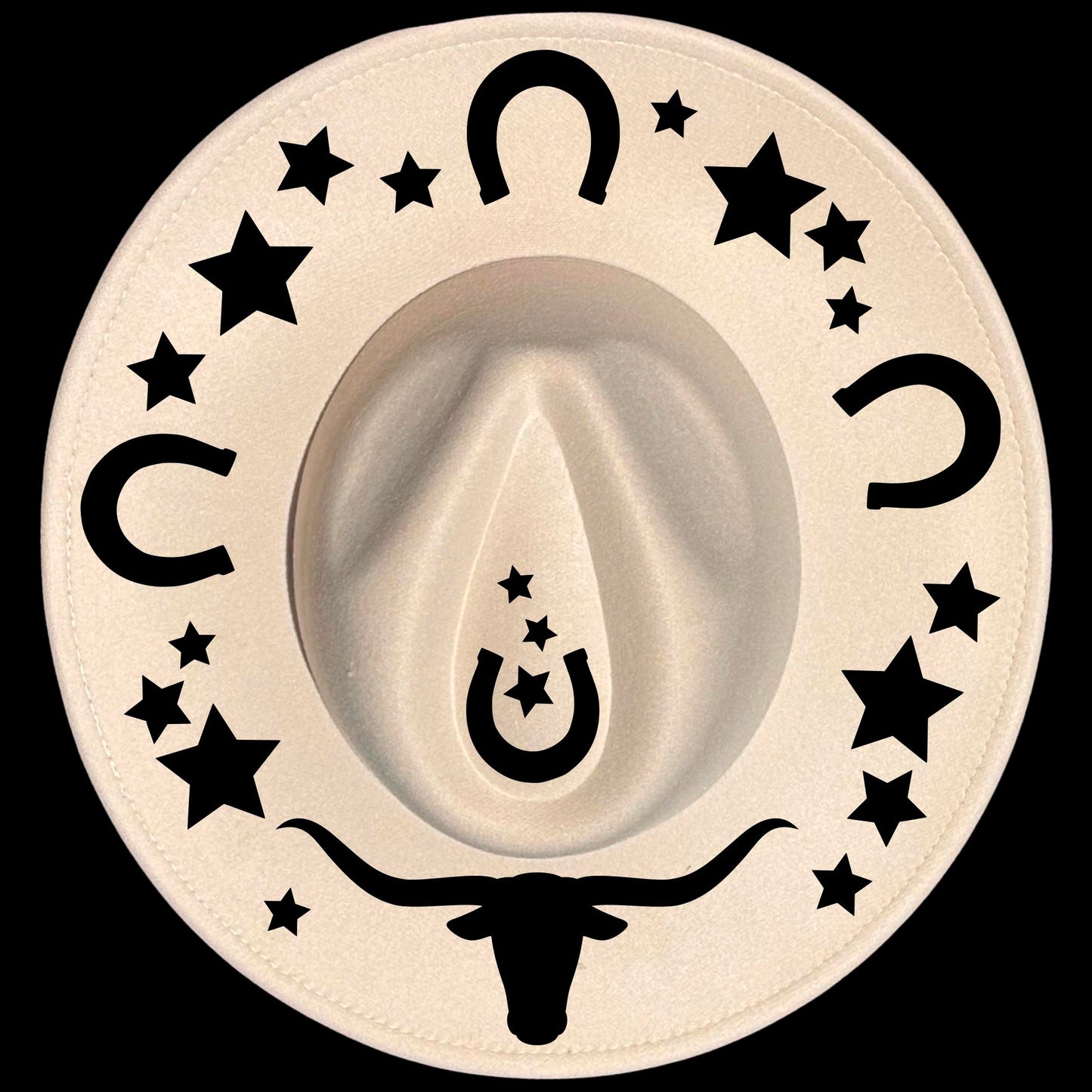 Longhorn burned hat burning design on a wide brim hat