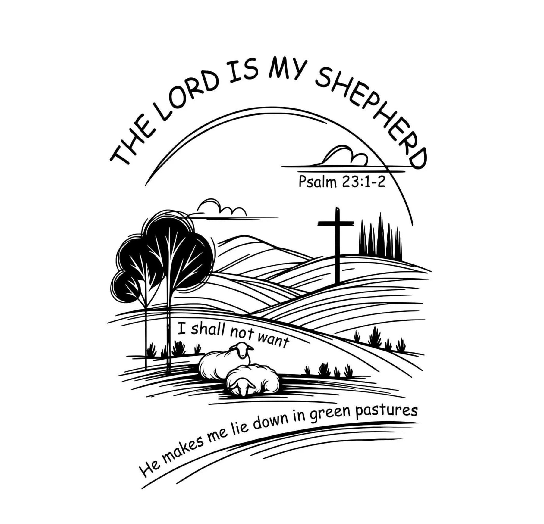 Leather journal cover design with sheep, trees, and cross, featuring 'The Lord is my Shepherd' text.