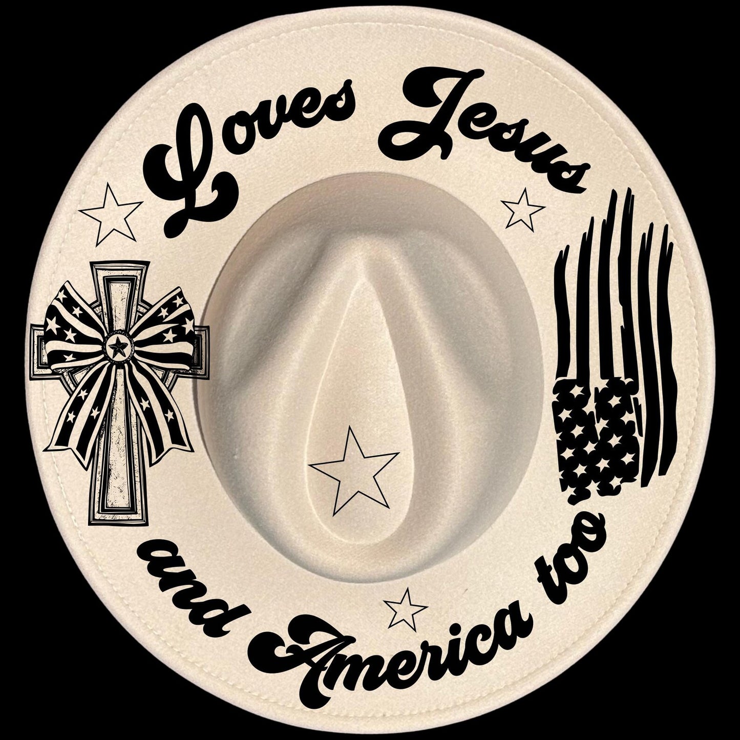 Loves Jesus And America Too burned hat burning design on a wide brim hat
