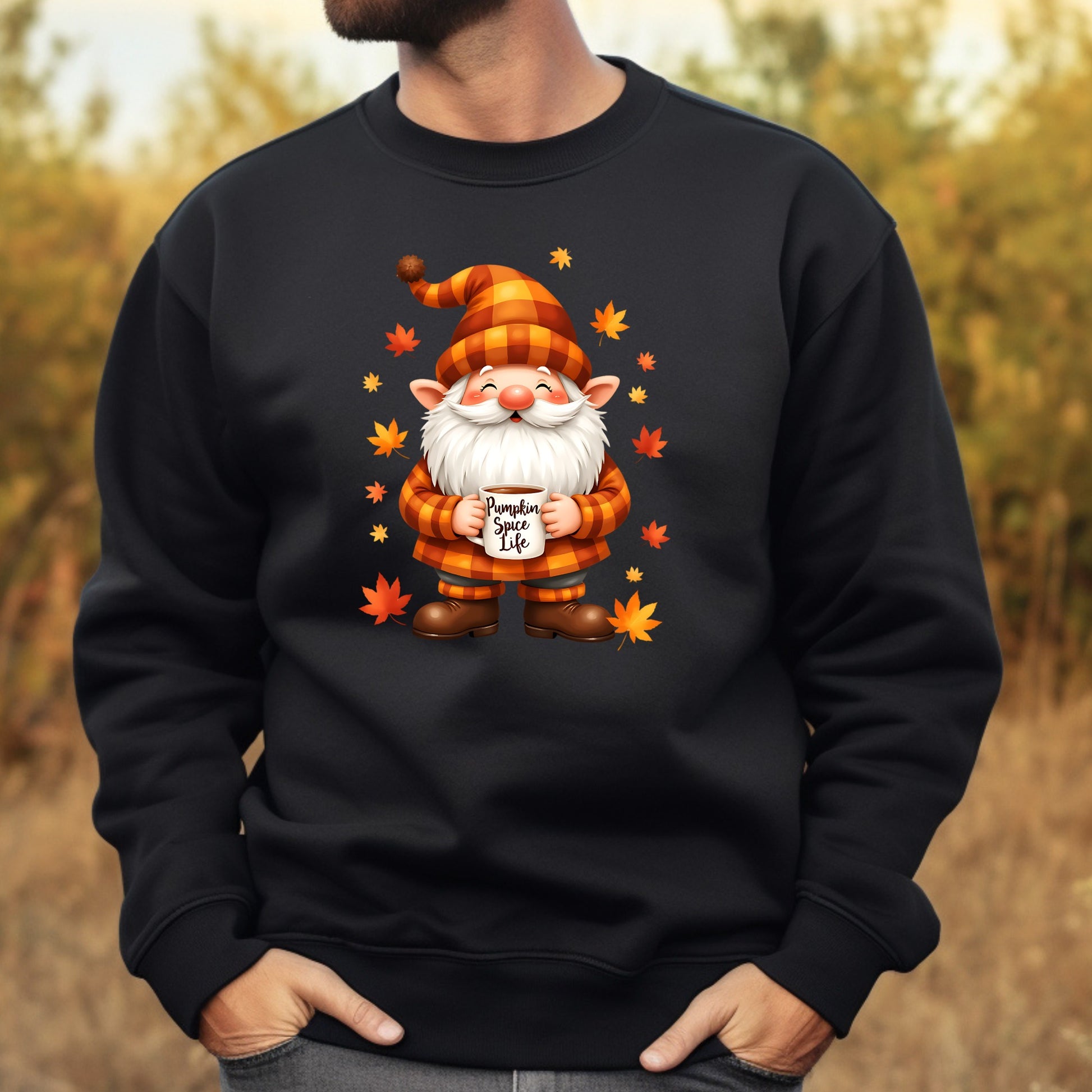 Black sweatshirt with a cartoon gnome design featuring autumn leaves and 'Pumpkin Spice Life' text.
