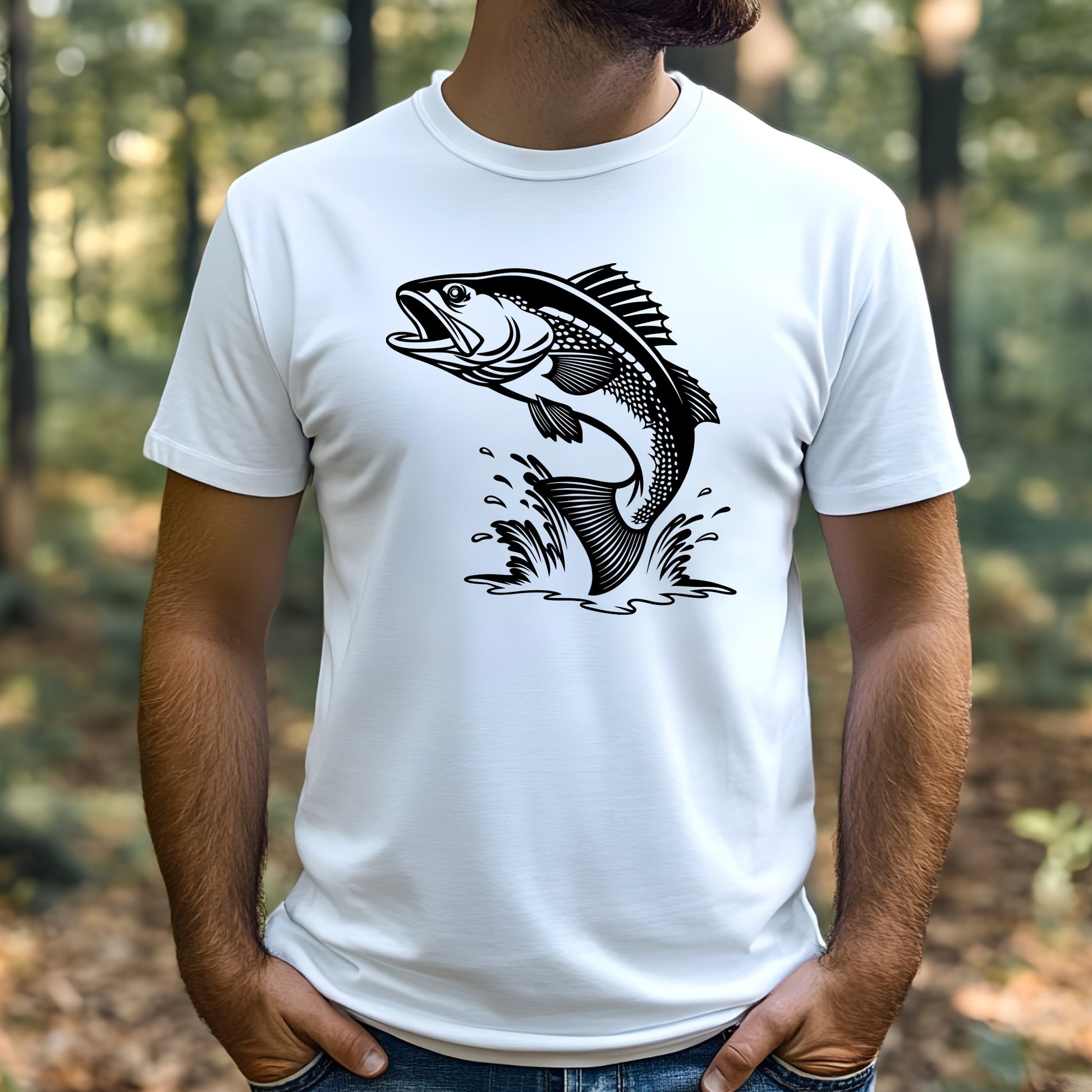 White t-shirt with a black walleye fish graphic worn by a man outdoors.