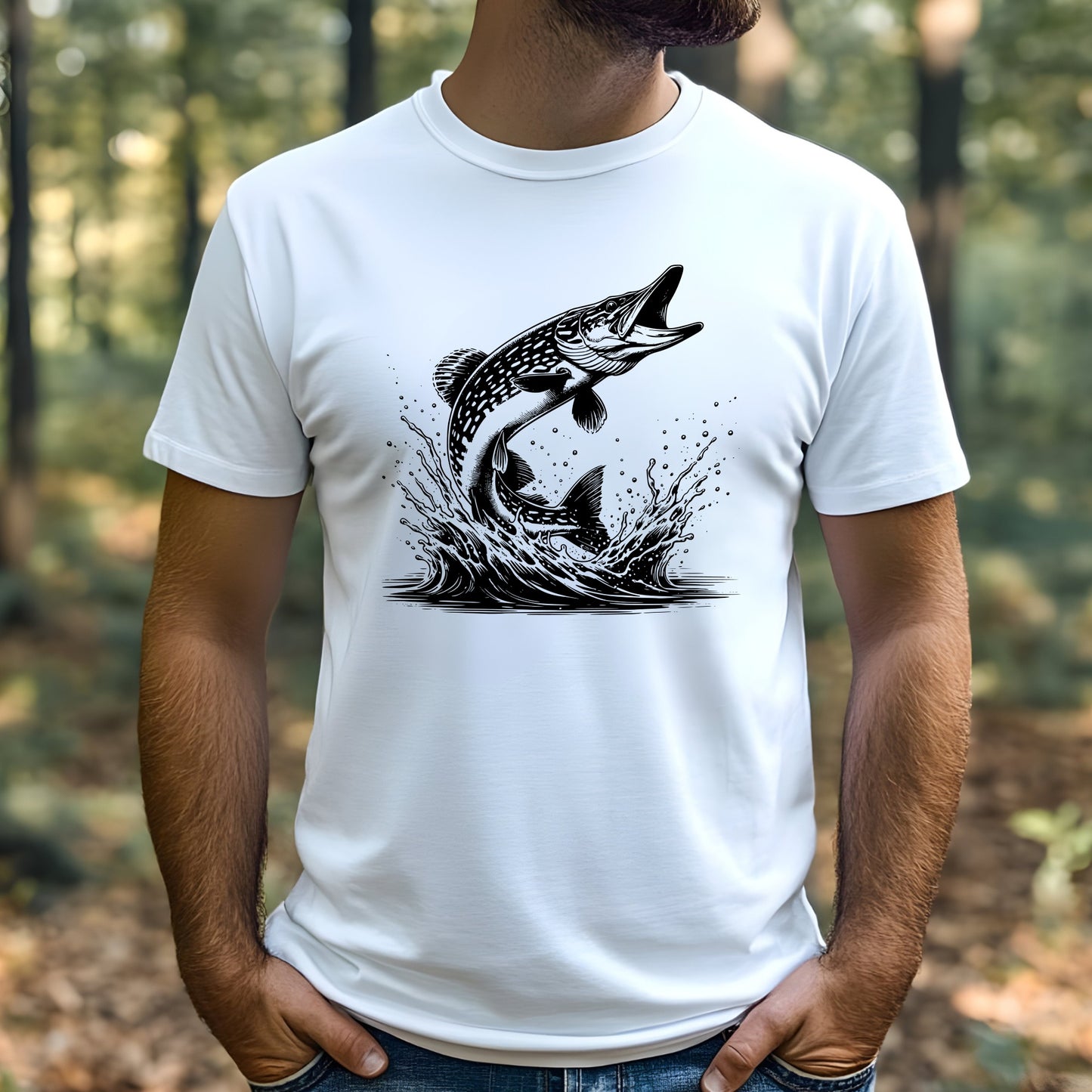 White t-shirt with black northern pike silhouette graphic worn by a man in a forest setting