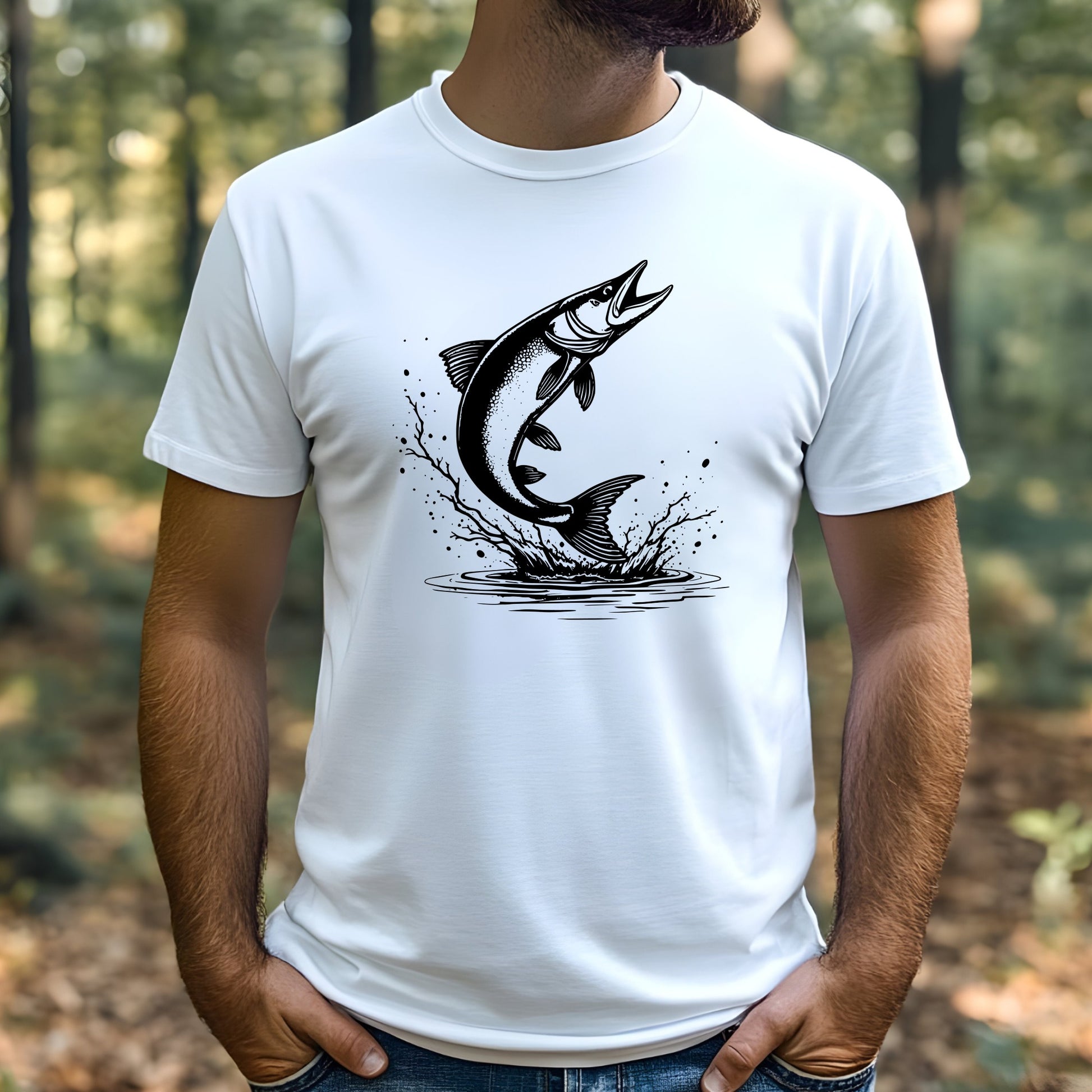 Man wearing a white t-shirt with a silhouette muskie fish graphic in a forest setting