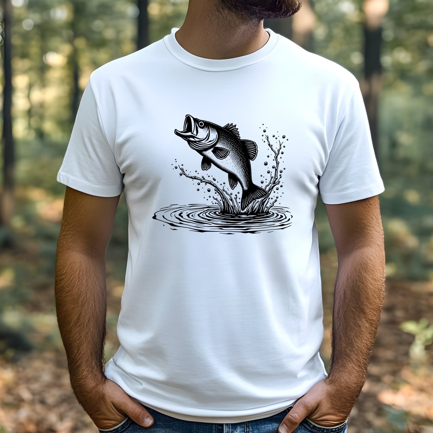 White t-shirt with a black largemouth bass graphic worn by a man in a forest setting