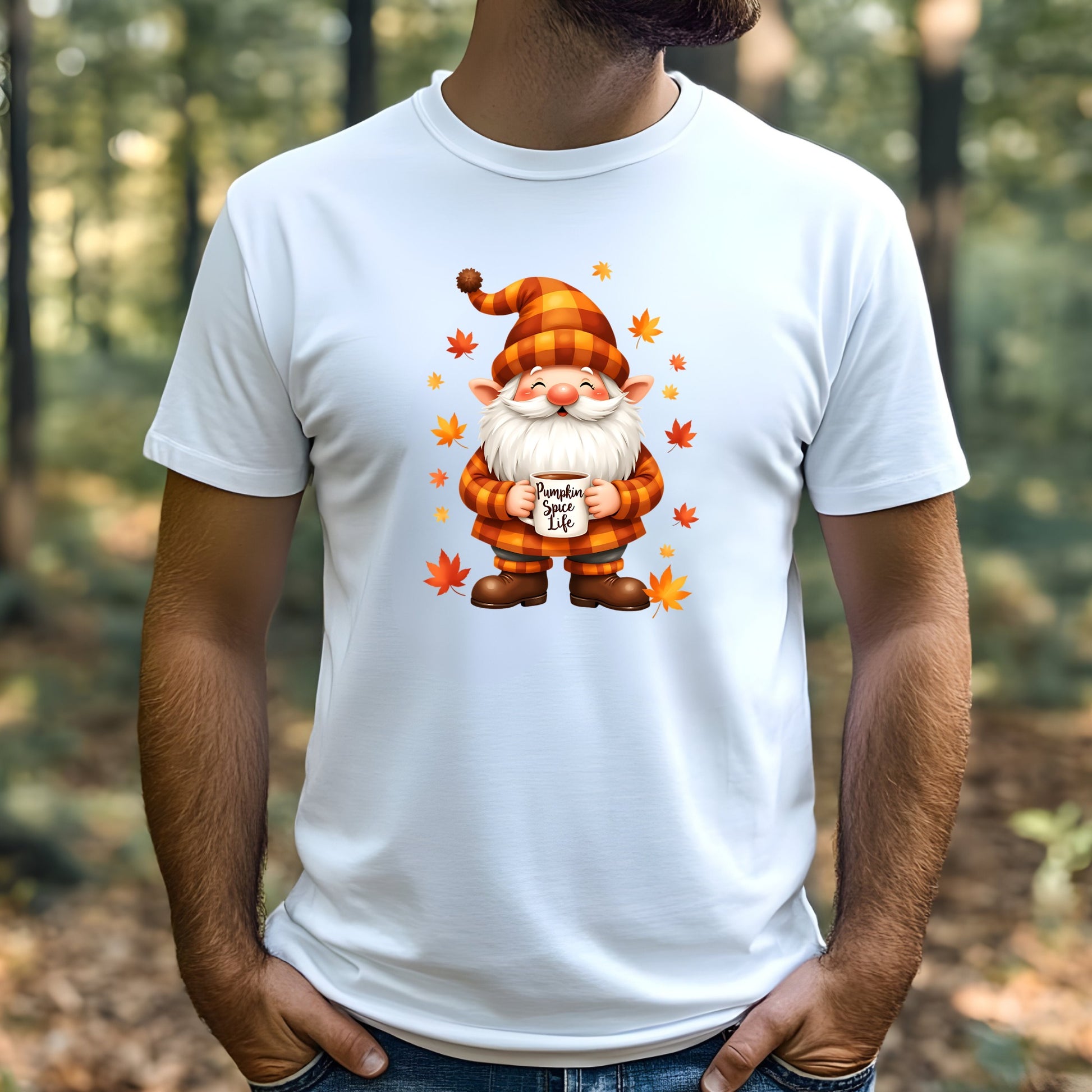 Man wearing a white t-shirt with a cartoon gnome design outdoors.