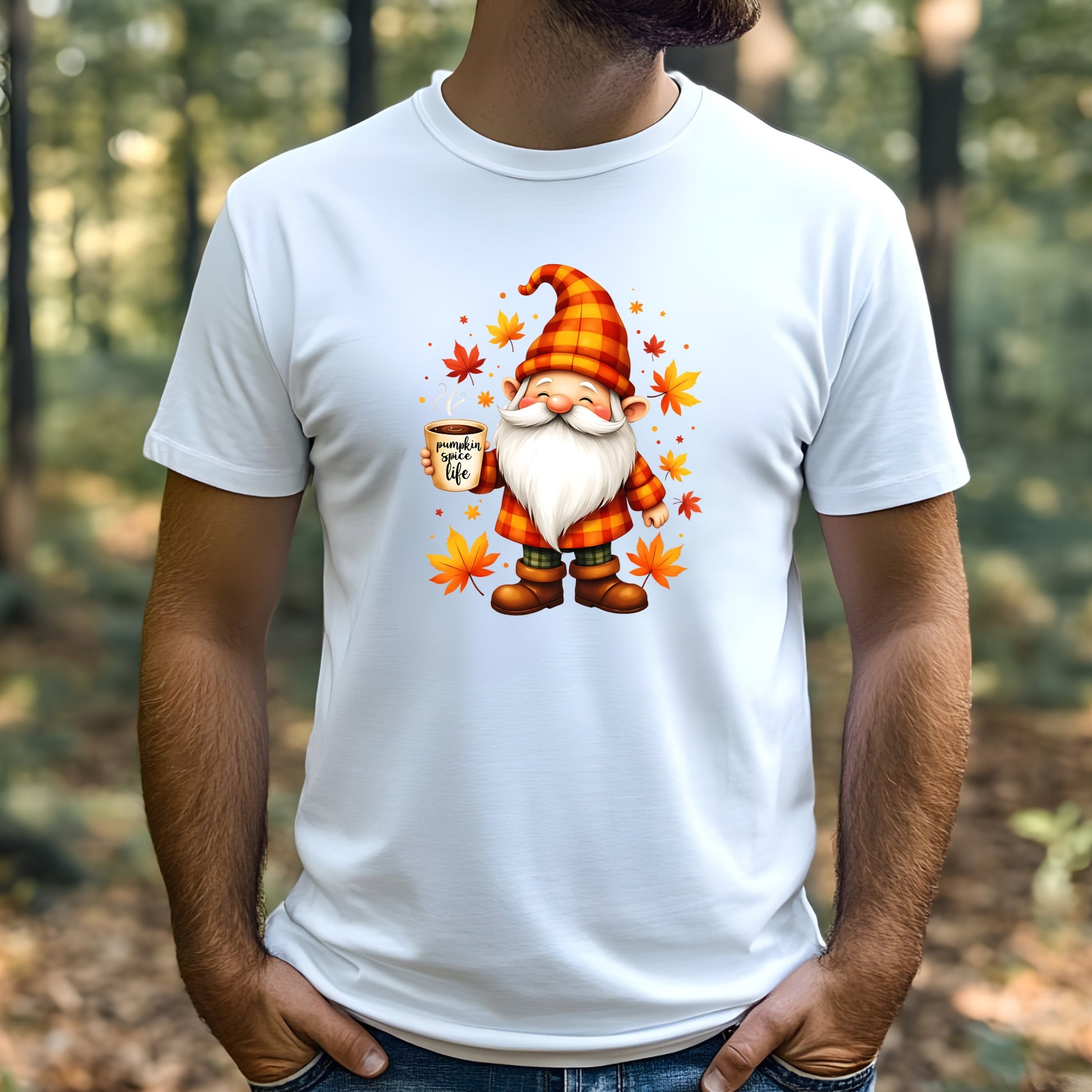 White t-shirt with a cartoon gnome and coffee cup design worn by a man outdoors.