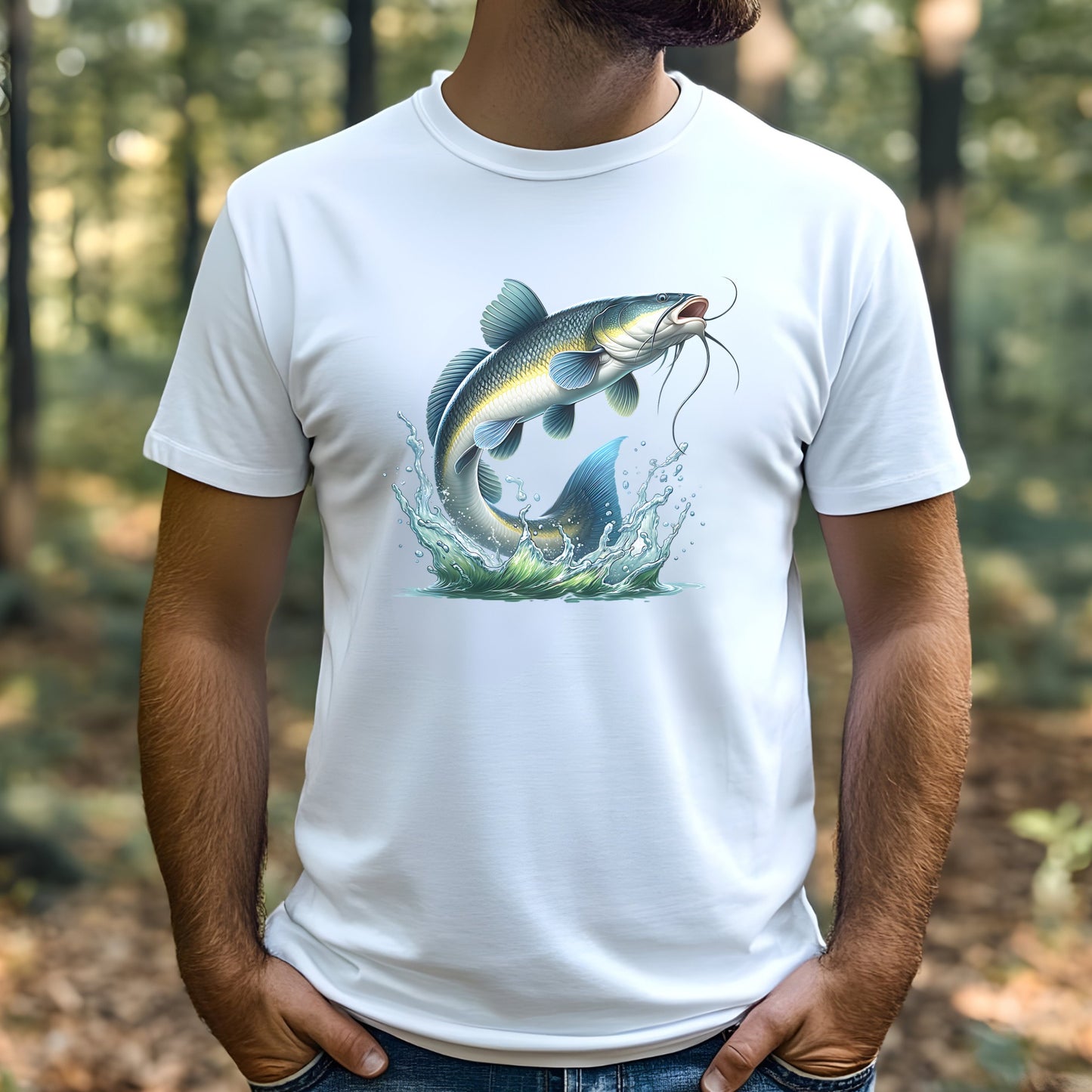 Person wearing a white t-shirt with a catfish graphic in a forest setting