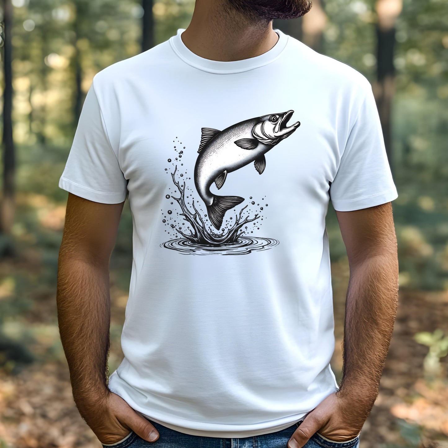 Man wearing a white t-shirt with a Salmon leaping silhouette graphic in a forest setting