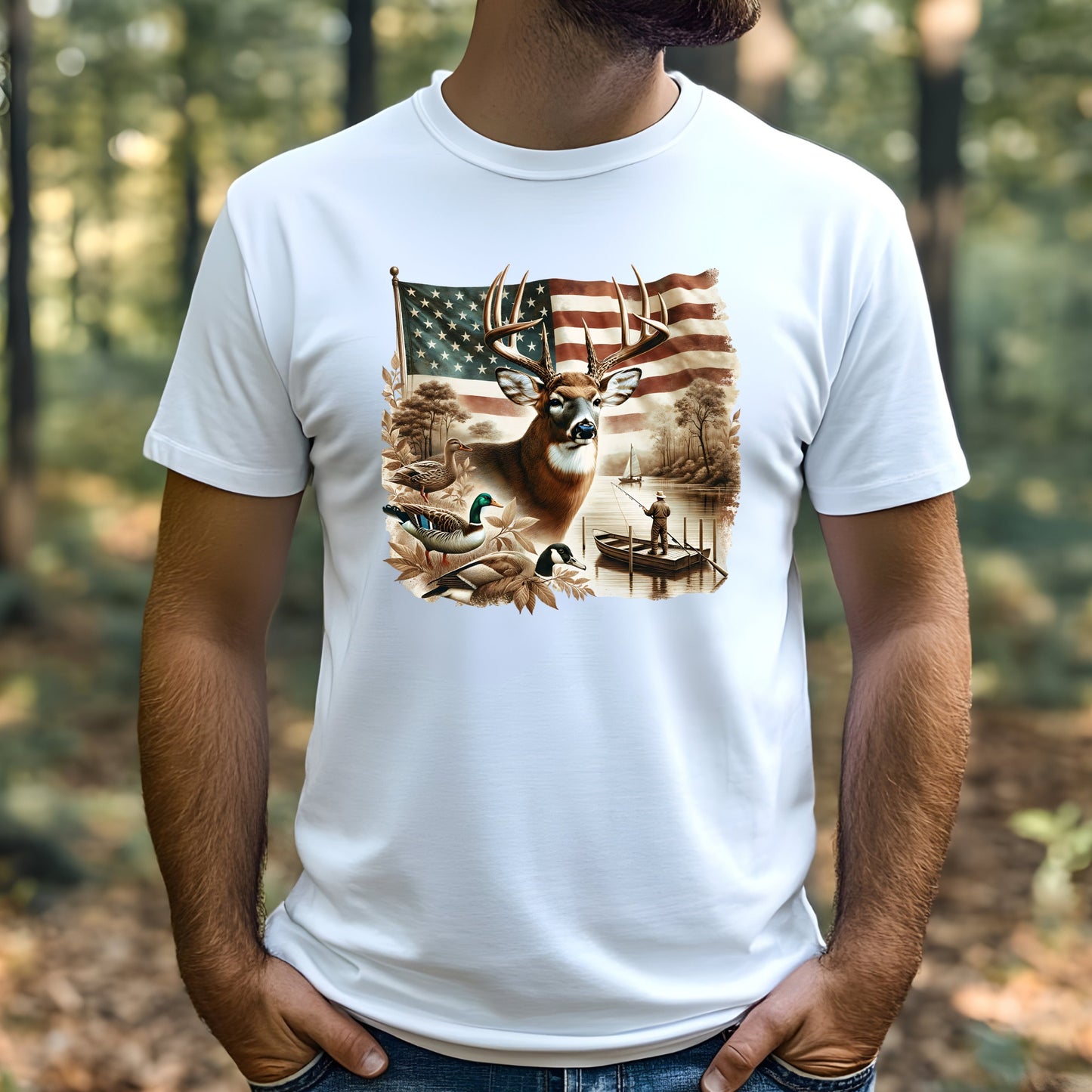 White t-shirt with a nature-themed graphic featuring a deer, American flag, and ducks worn by a man in a forest setting.