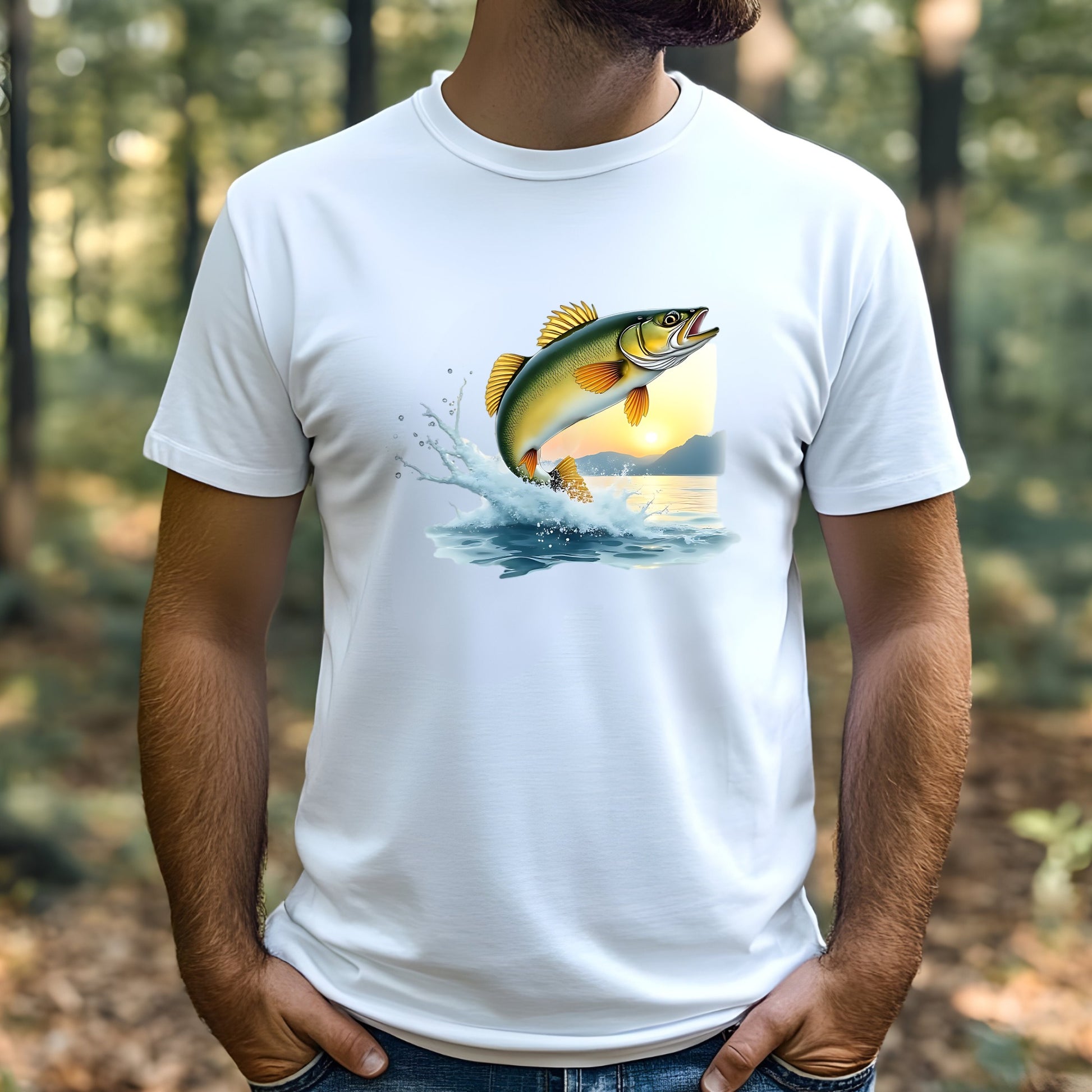 White t-shirt with a walleye fish graphic worn by a man in a forest setting