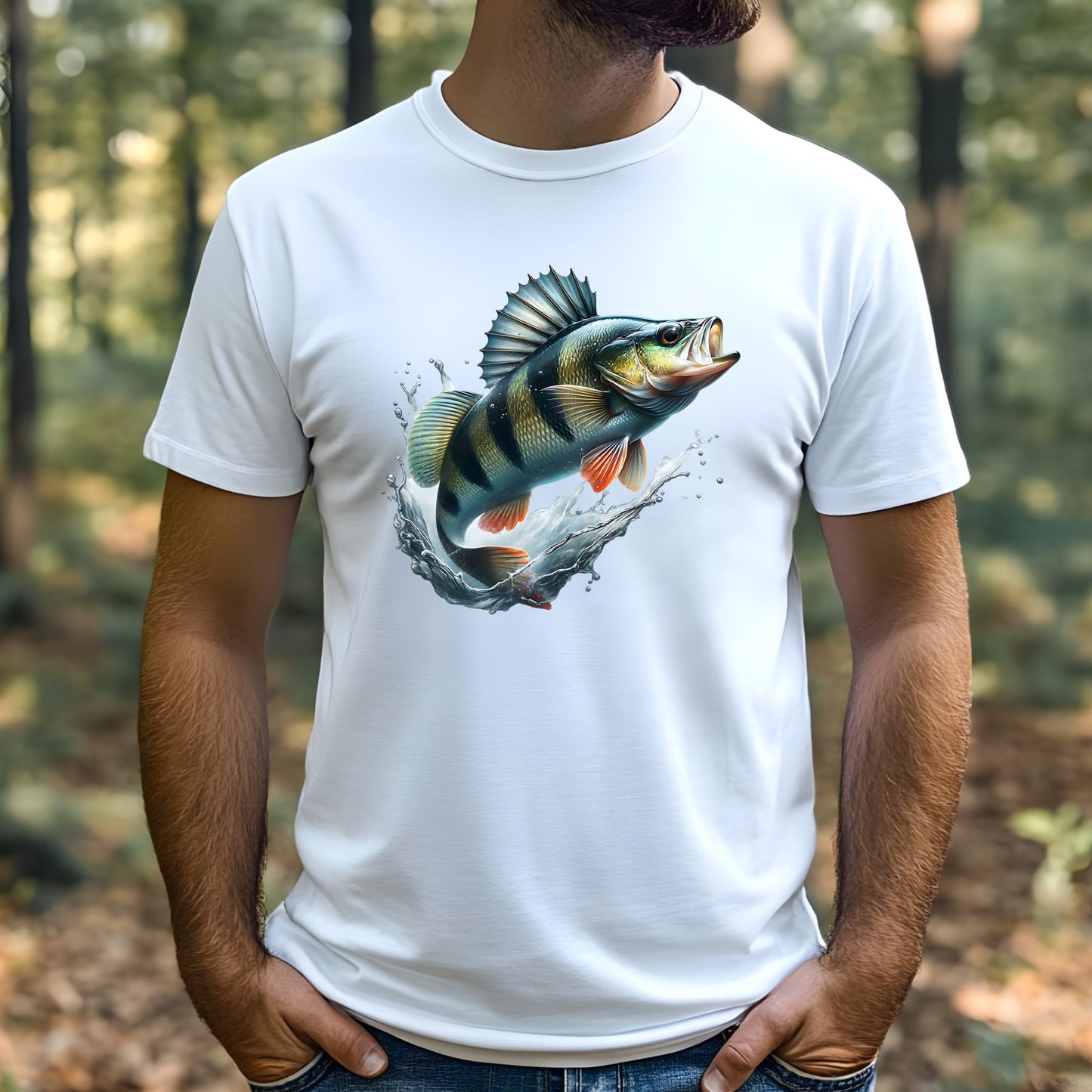 Man wearing a white t-shirt with a perch fish graphic in a forest setting