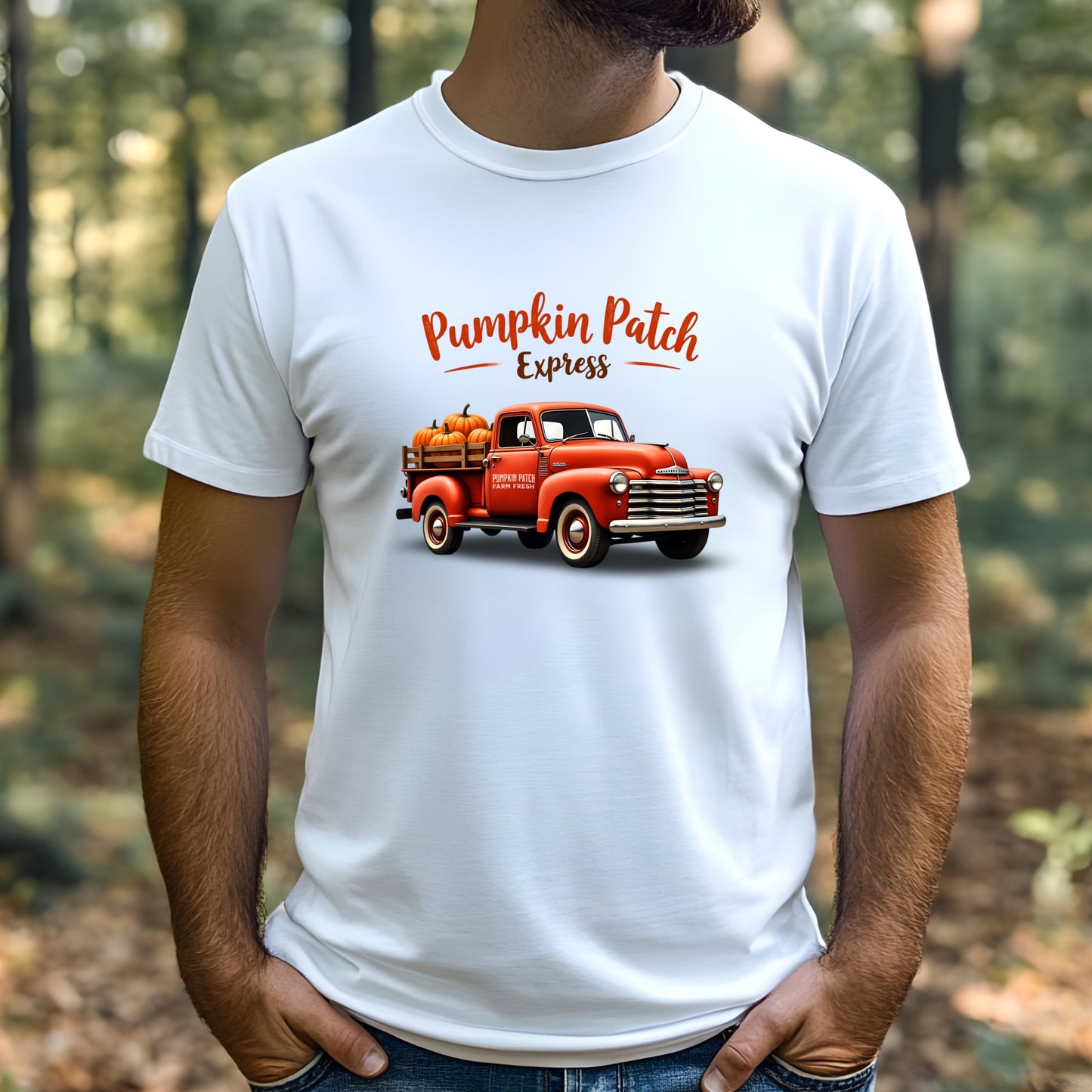 Man wearing a pumpkin patch truck t-shirt in the forest