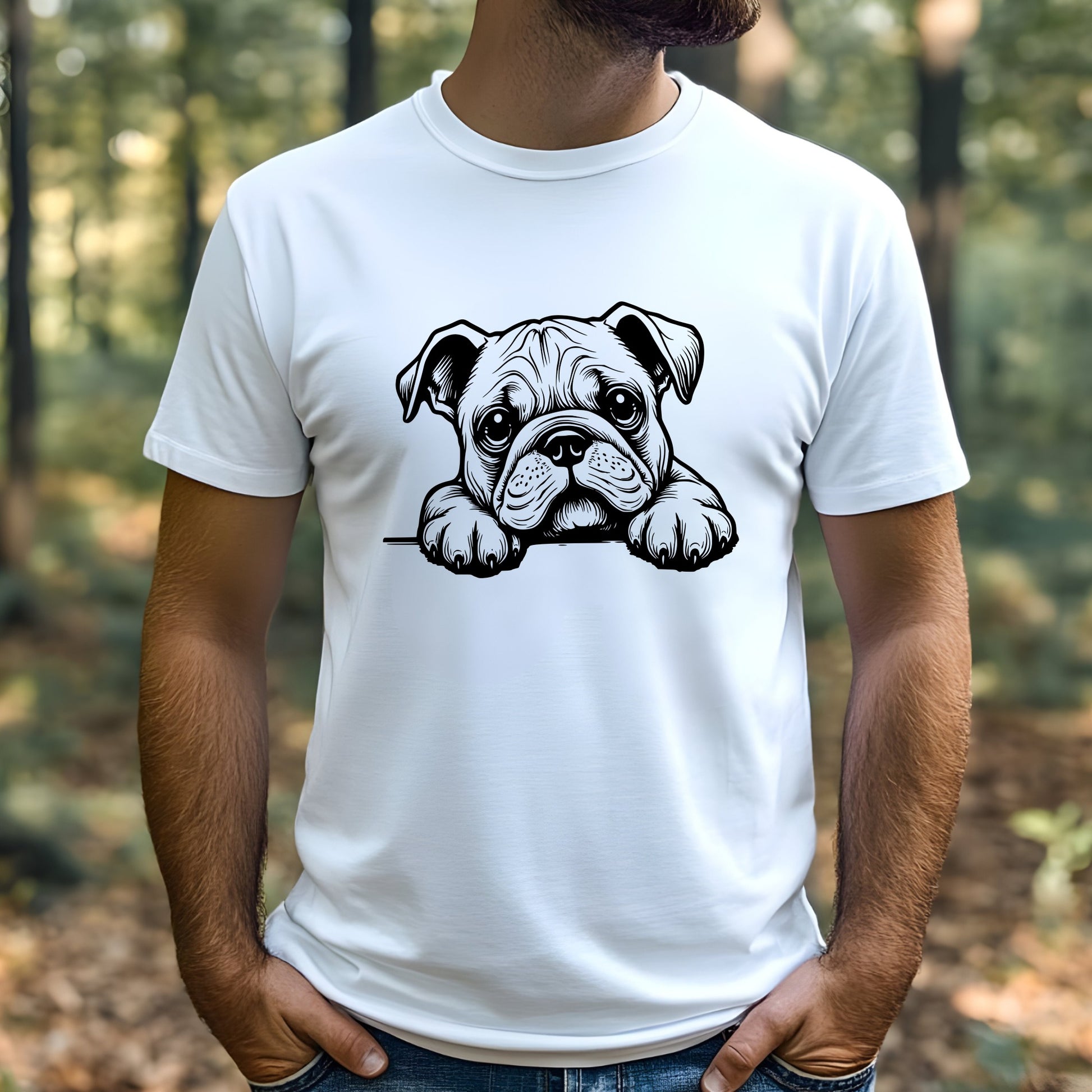 White t-shirt with a bulldog graphic worn by a man outdoors.
