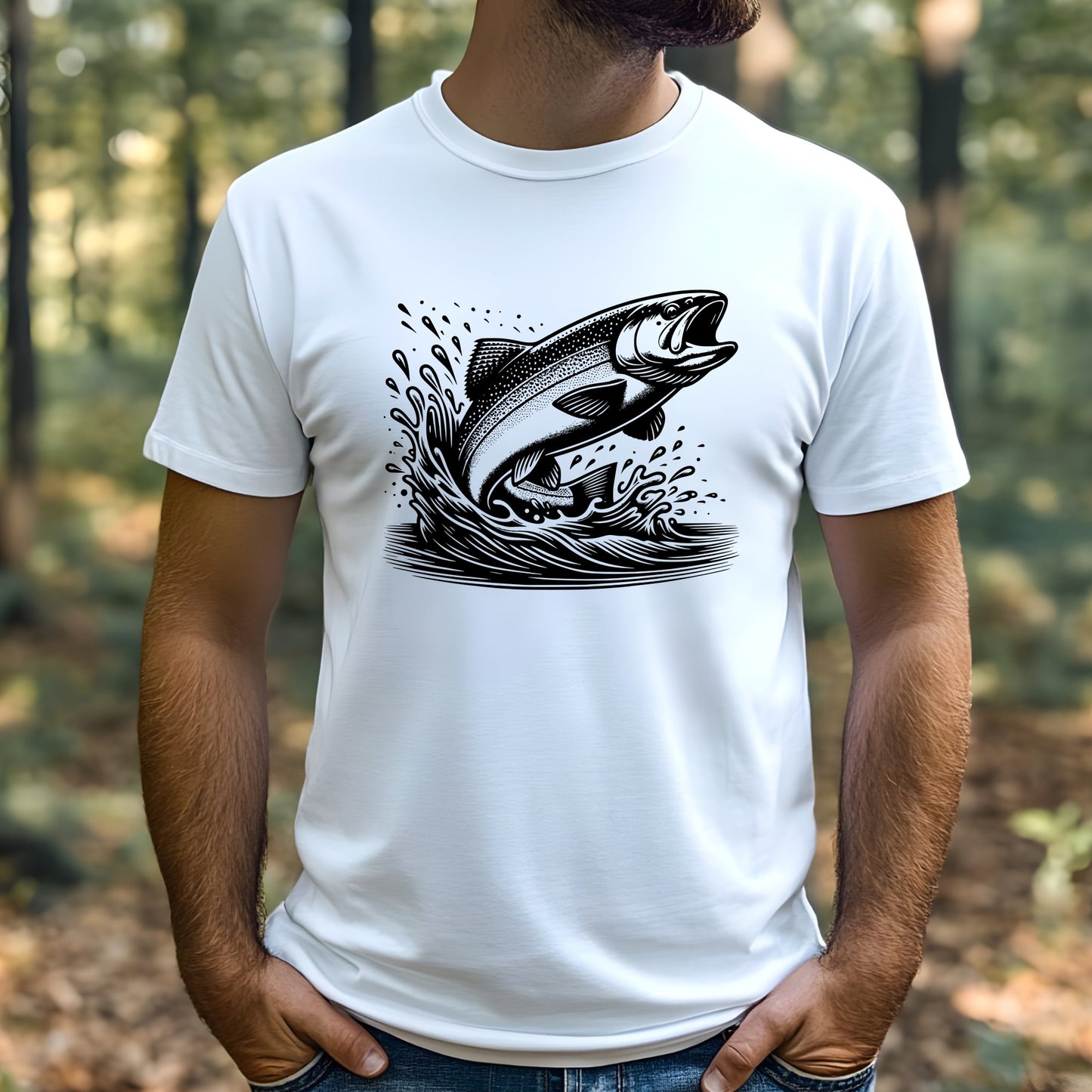 Man wearing a white t-shirt with a black fish graphic design outdoors.