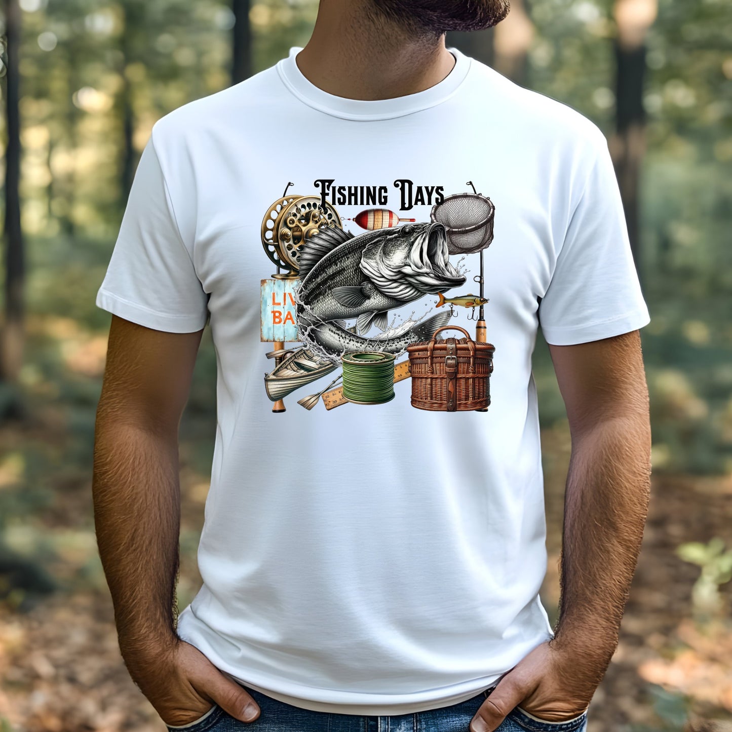 White t-shirt with fishing-themed graphic and 'Fishing Days' text worn by a man outdoors.