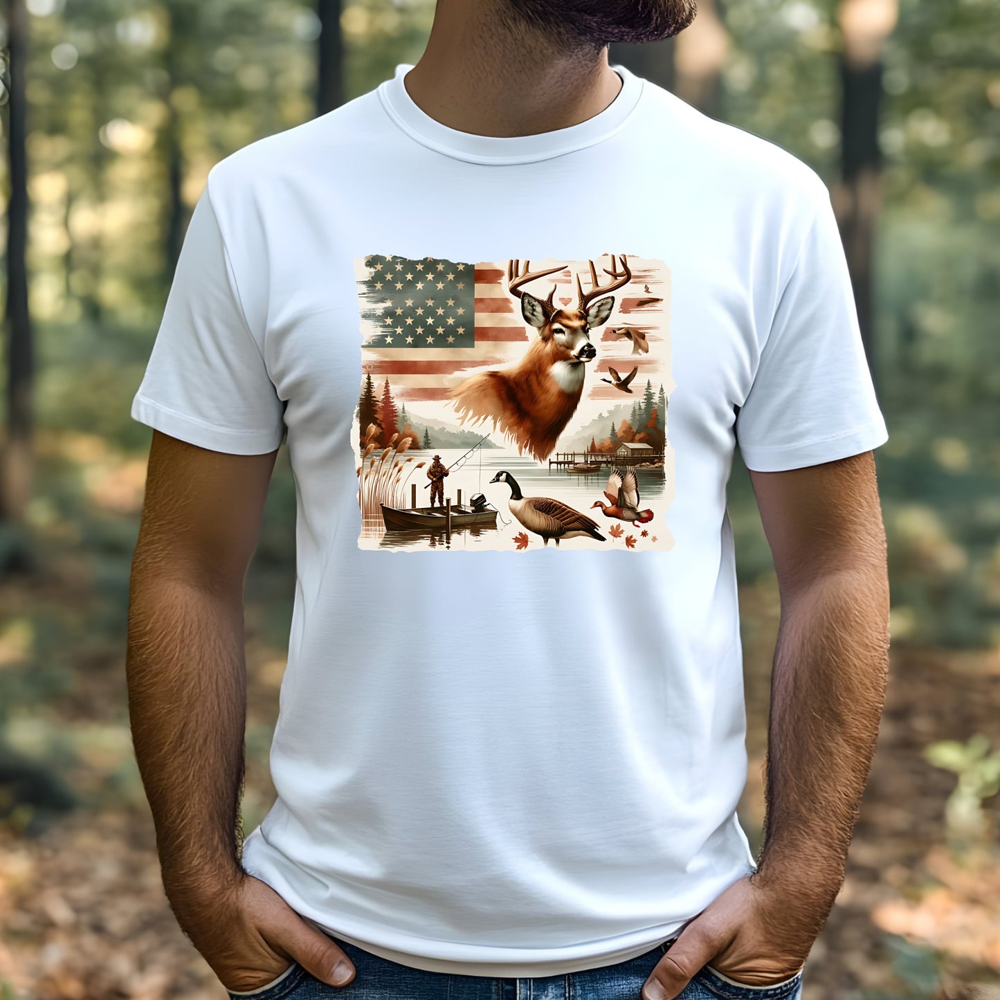 White t-shirt with a nature-themed graphic featuring a deer, American flag, and outdoor elements.