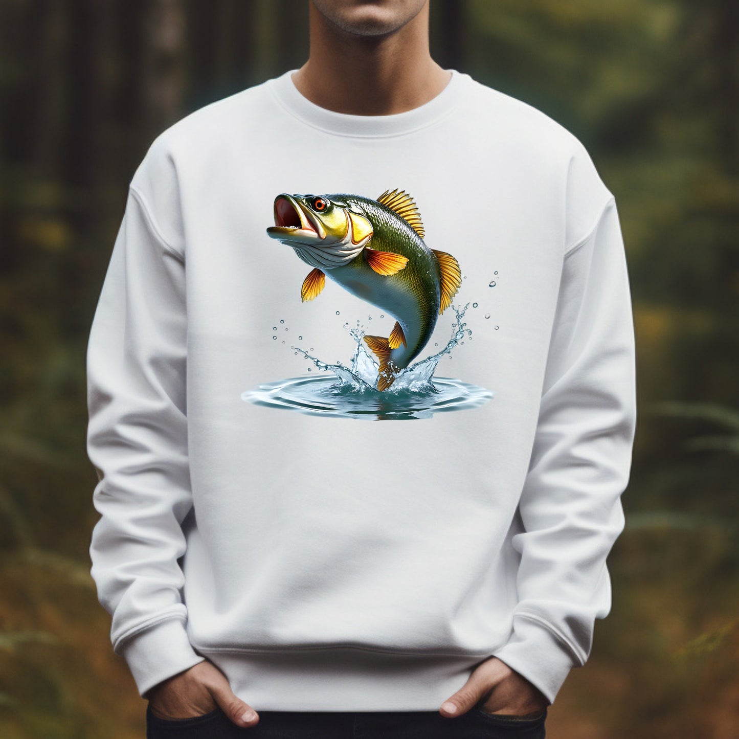 White sweatshirt with a bass fish graphic on a blurred natural background