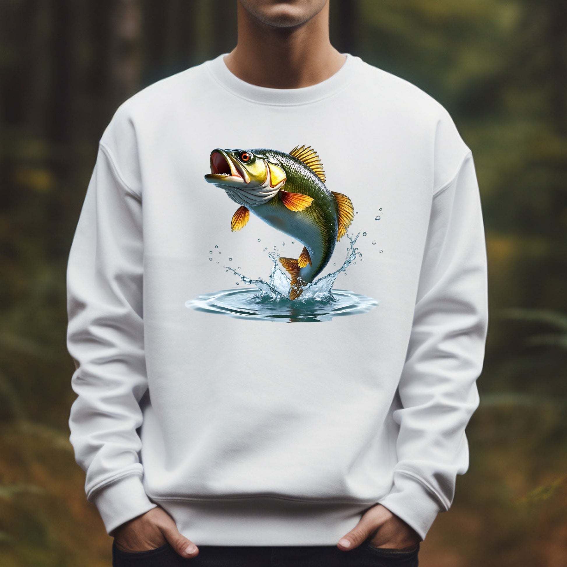 White sweatshirt with a bass fish graphic on a blurred natural background
