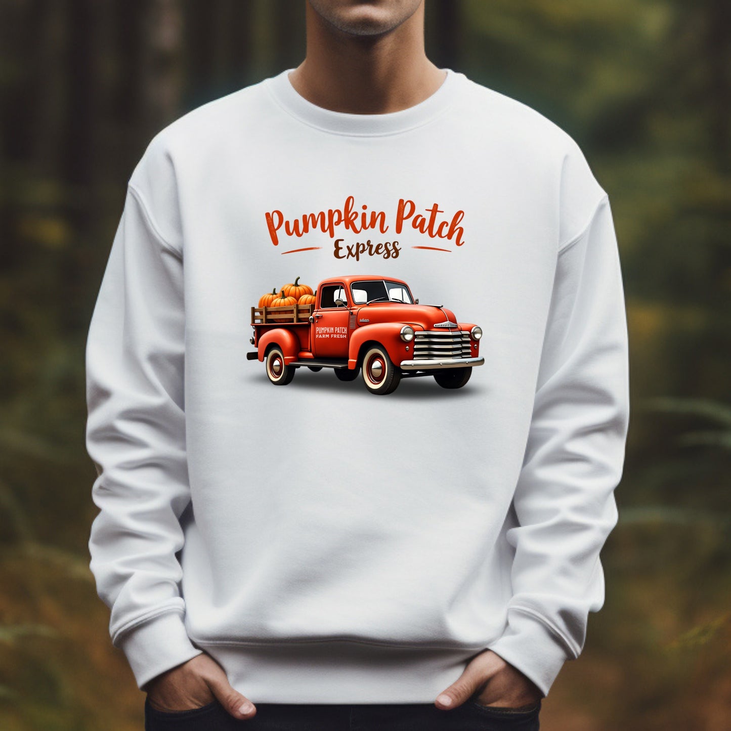 man wearing a pumpkin patch express sweatshirt