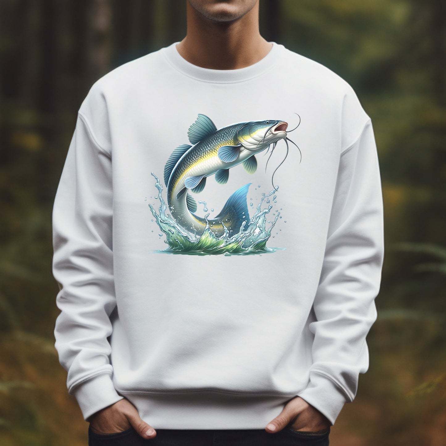 Person wearing a white sweatshirt with a catfish graphic on a blurred natural background