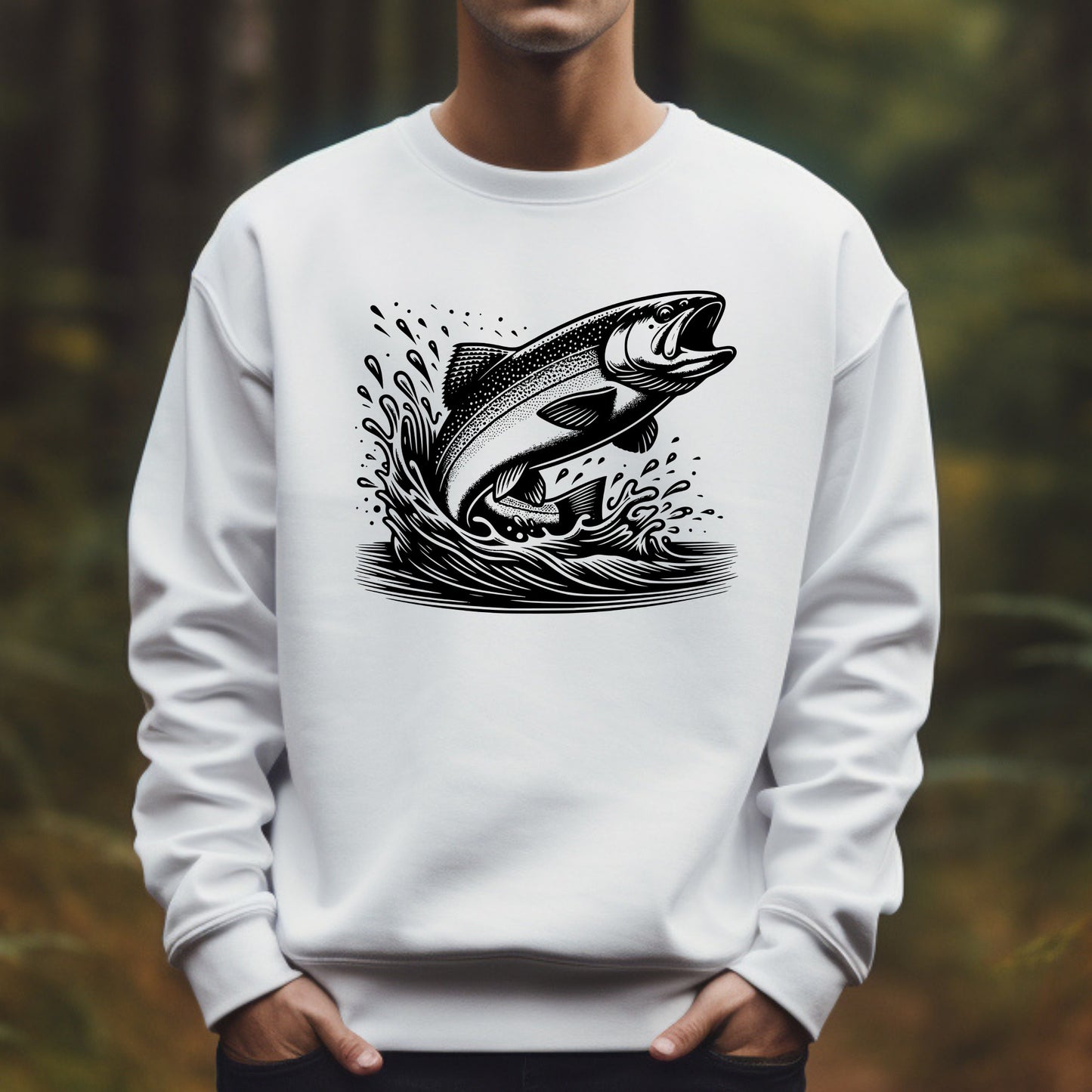 White sweatshirt with a black rainbow trout fish graphic on a blurred natural background