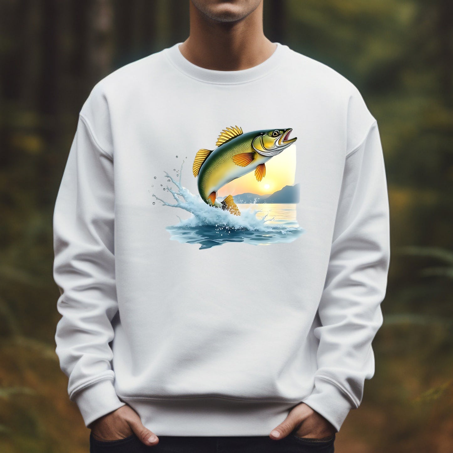 White sweatshirt with a walleye fish graphic on a blurred natural background