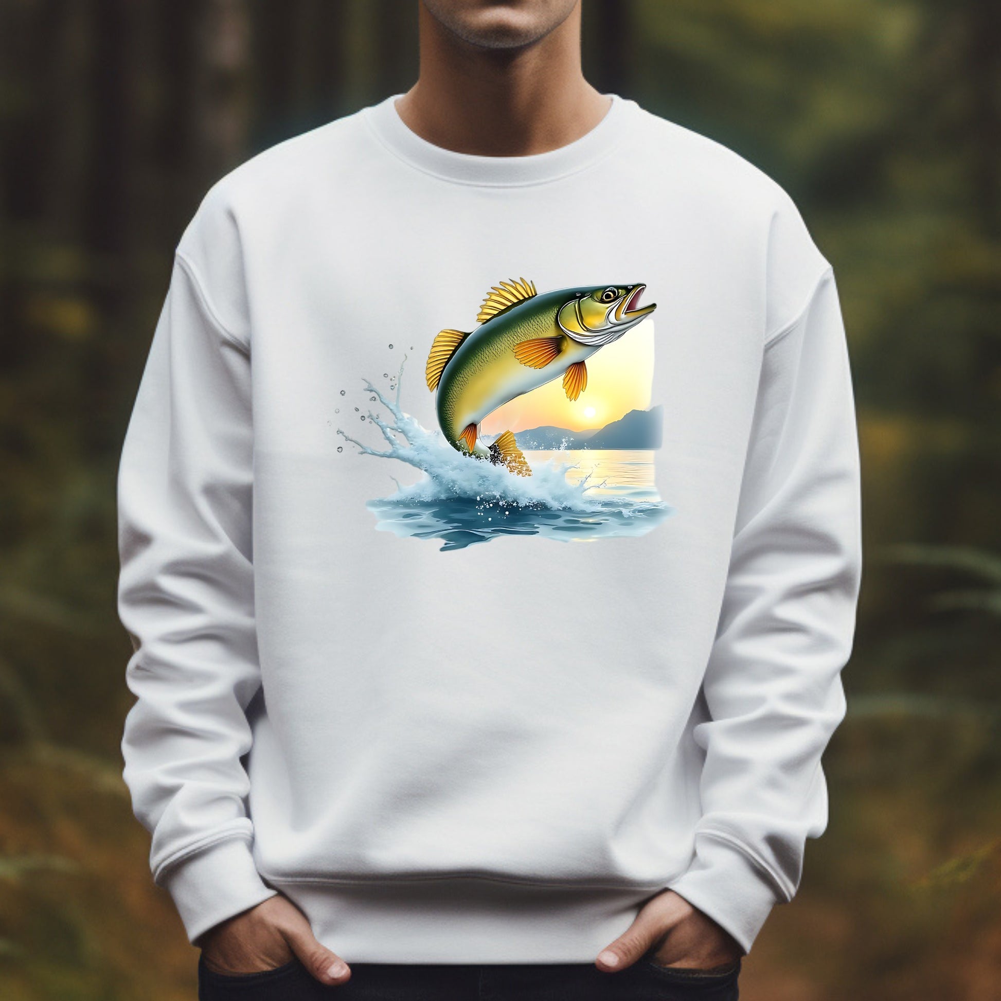 White sweatshirt with a walleye fish graphic on a blurred natural background