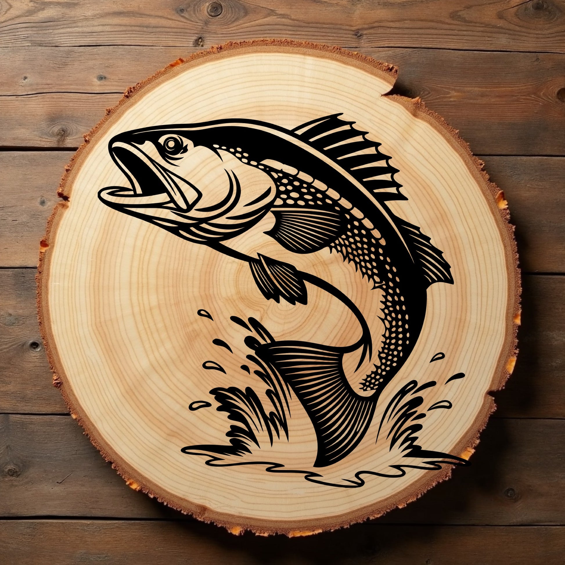 Black walleye fish illustration on a wooden log slice
