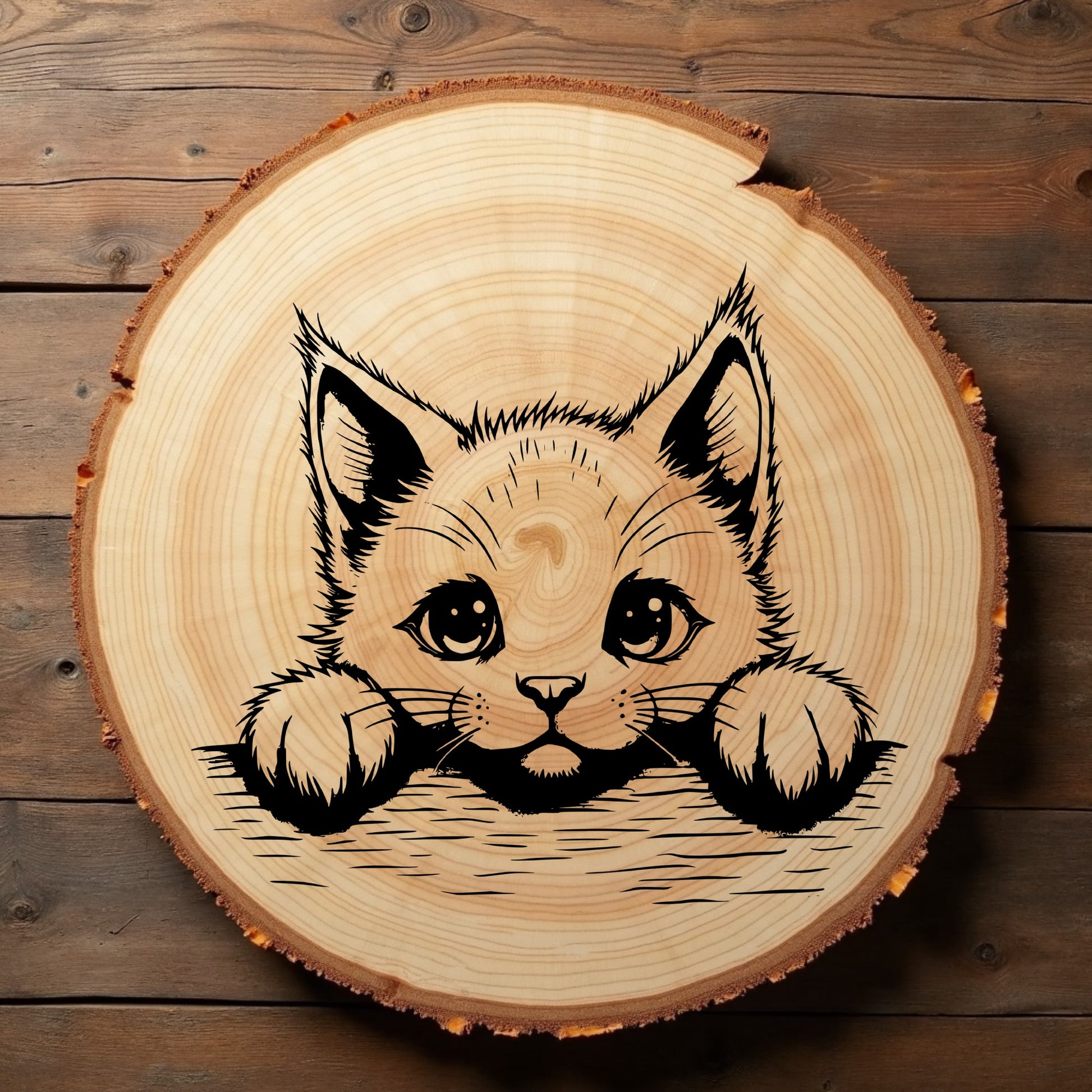 Wooden slice with a cat illustration on a wooden background