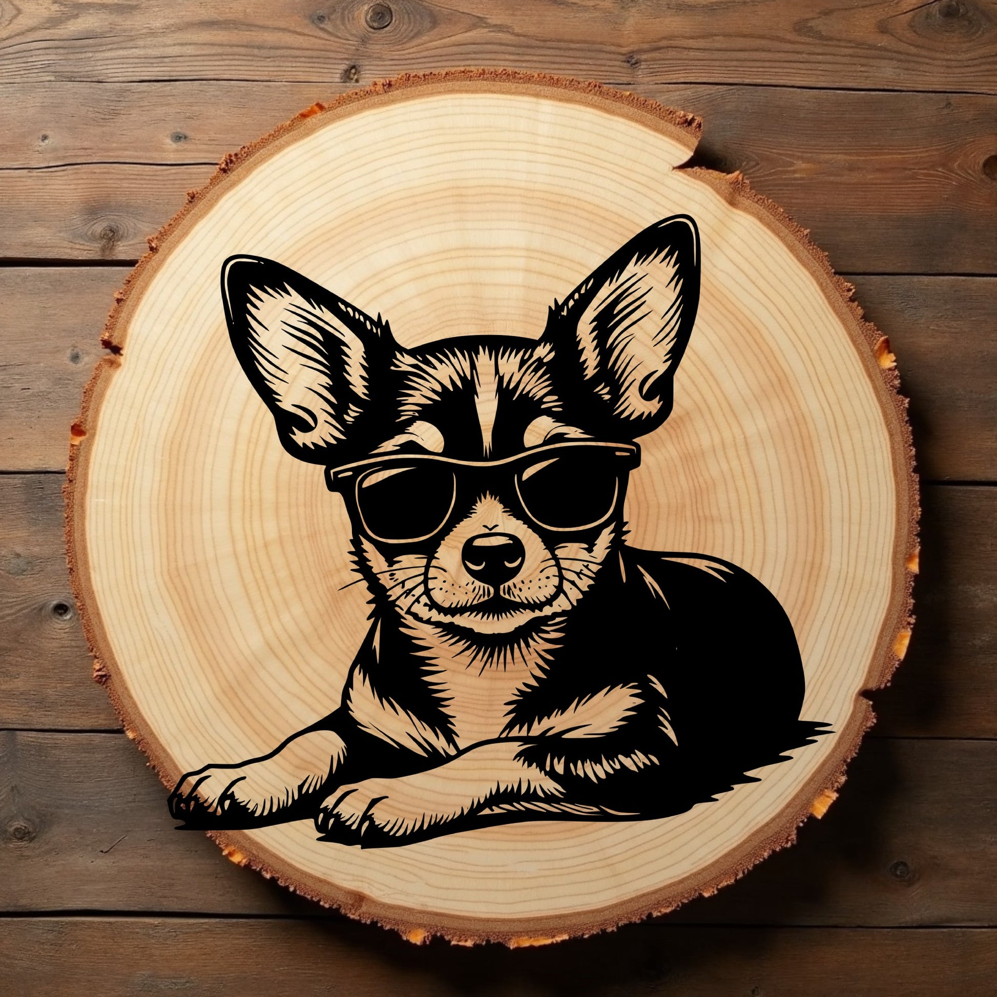 Wooden plaque with a chihuahua dog design wearing sunglasses on a wooden background