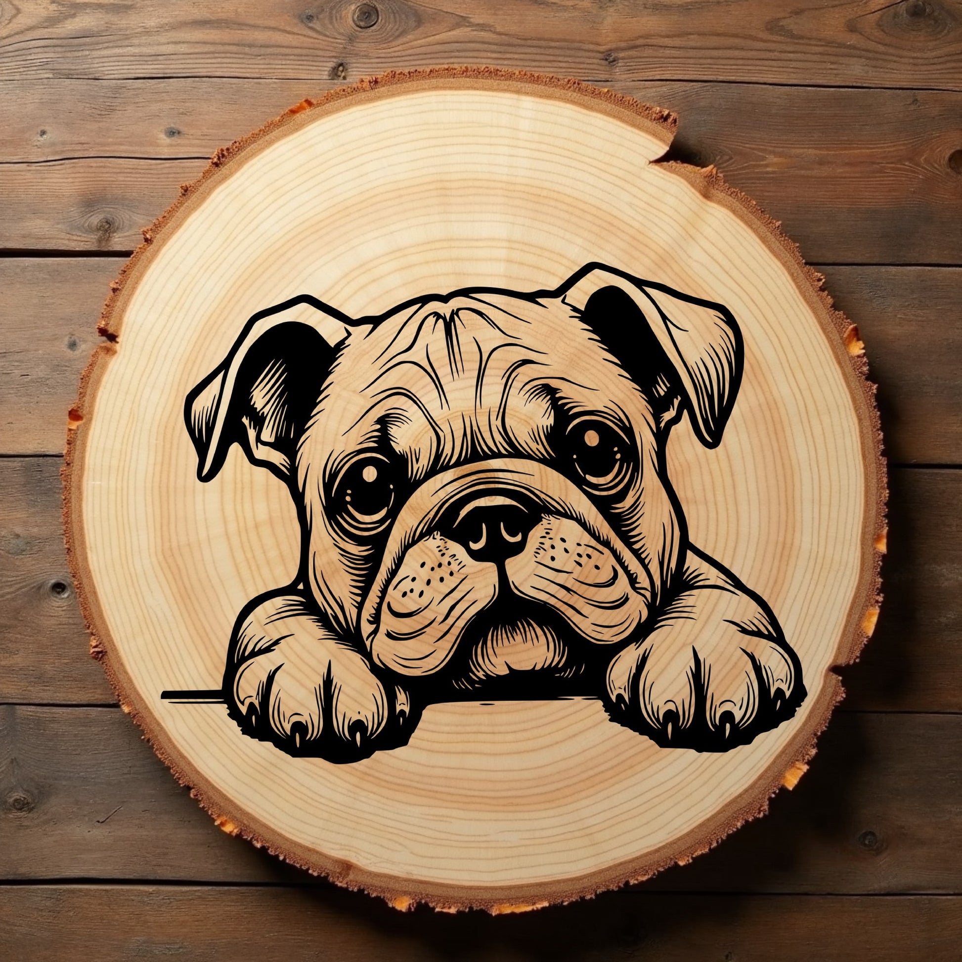 Wooden plaque with a engraved bulldog design on a wooden background
