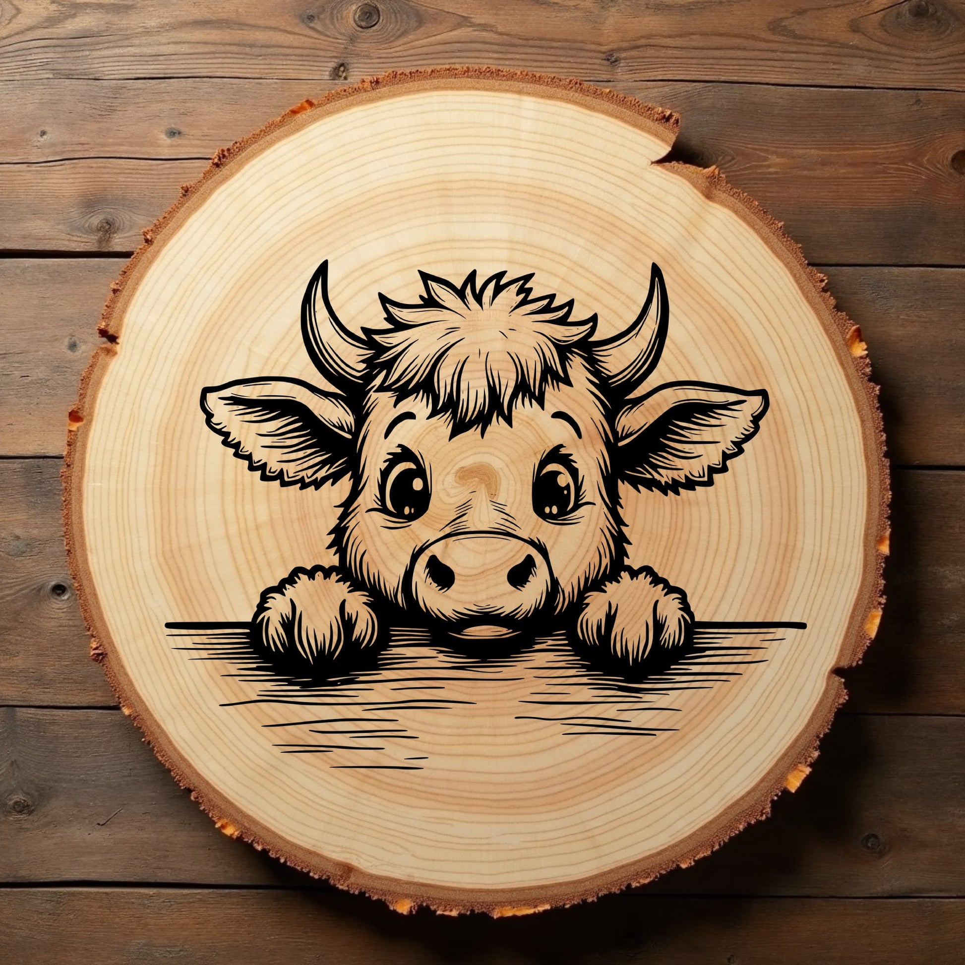 Wooden slice with a cute highland cow illustration on a wooden background