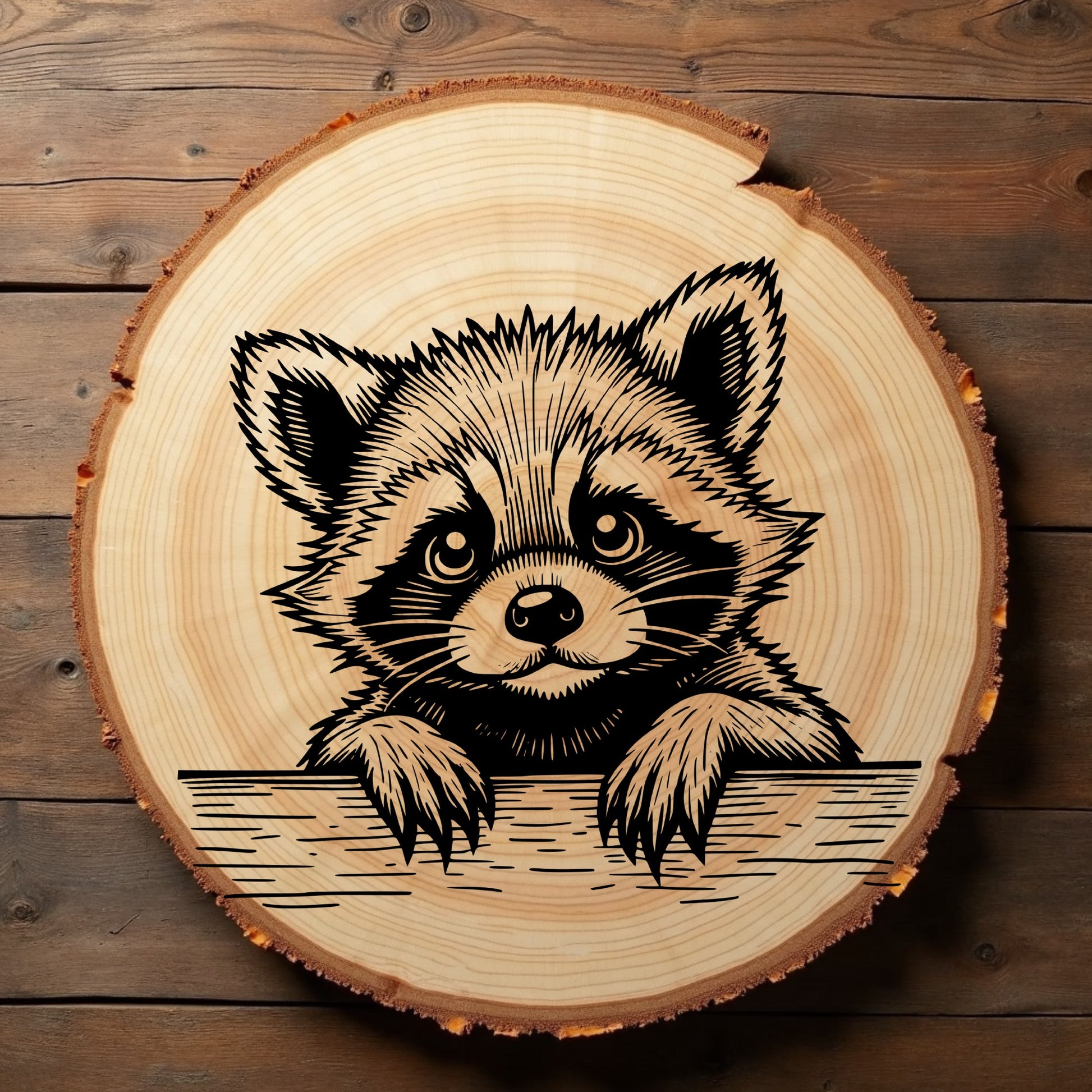 Wooden log with a raccoon engraving sitting on a wooden background