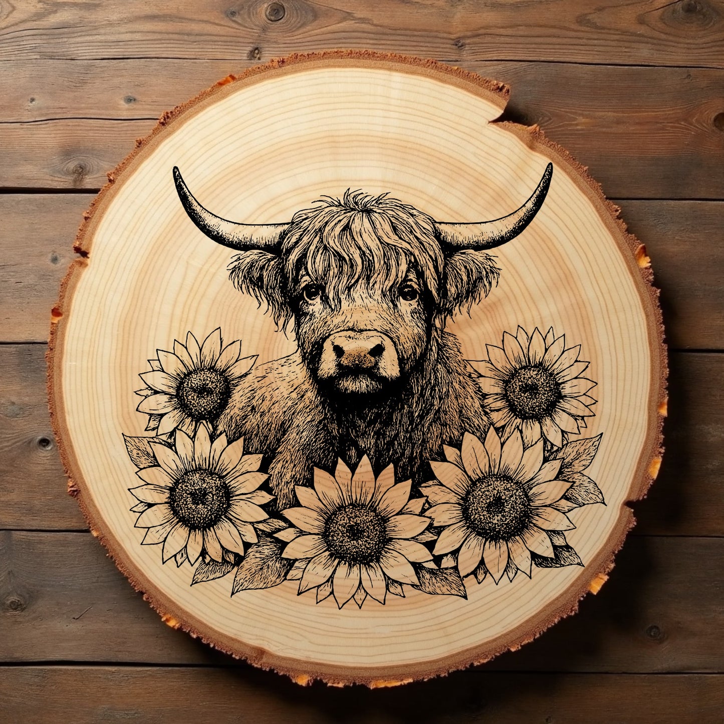 Wooden plaque with a highland cow and sunflowers design on a wooden background