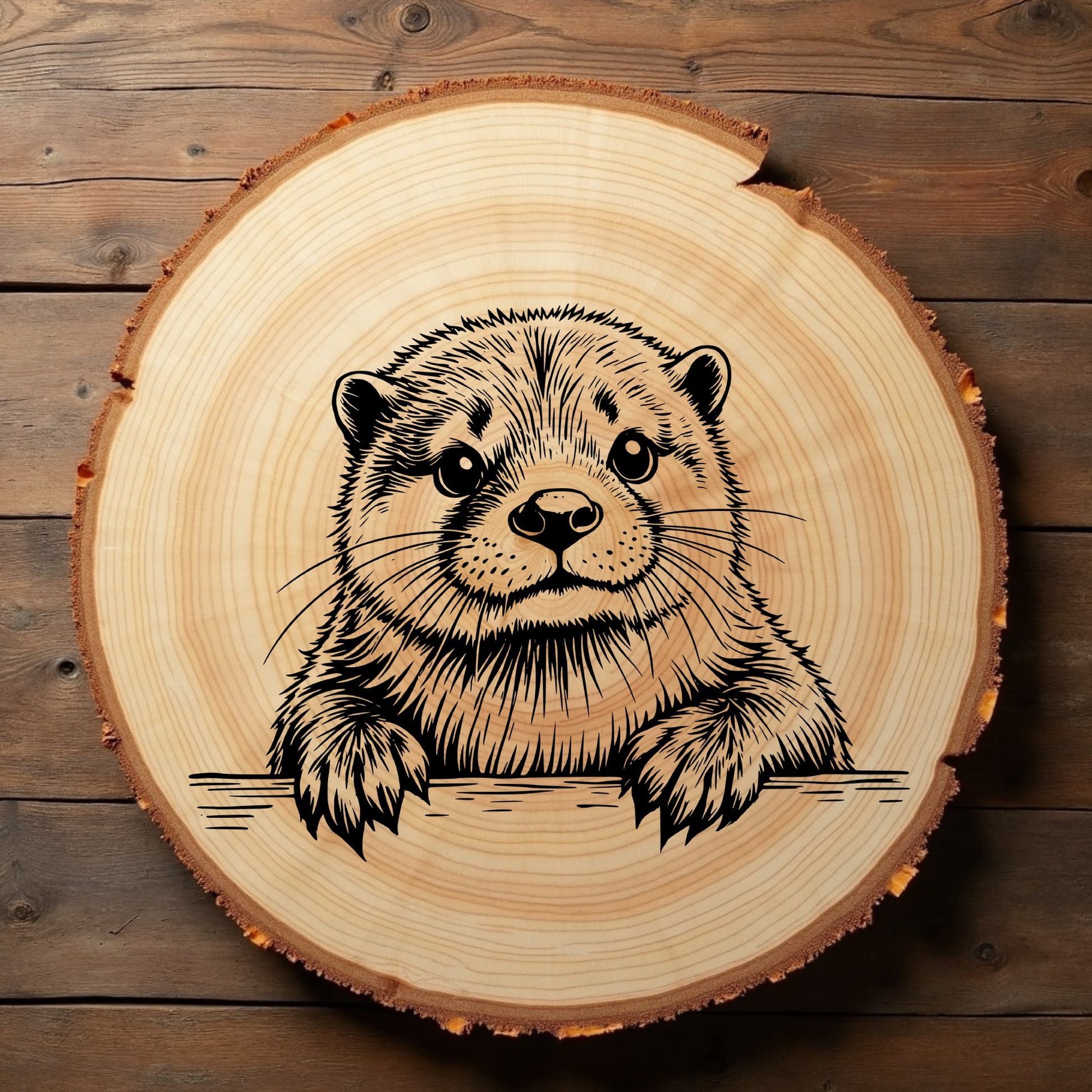 Wooden log with a engraved otter design on a wooden background