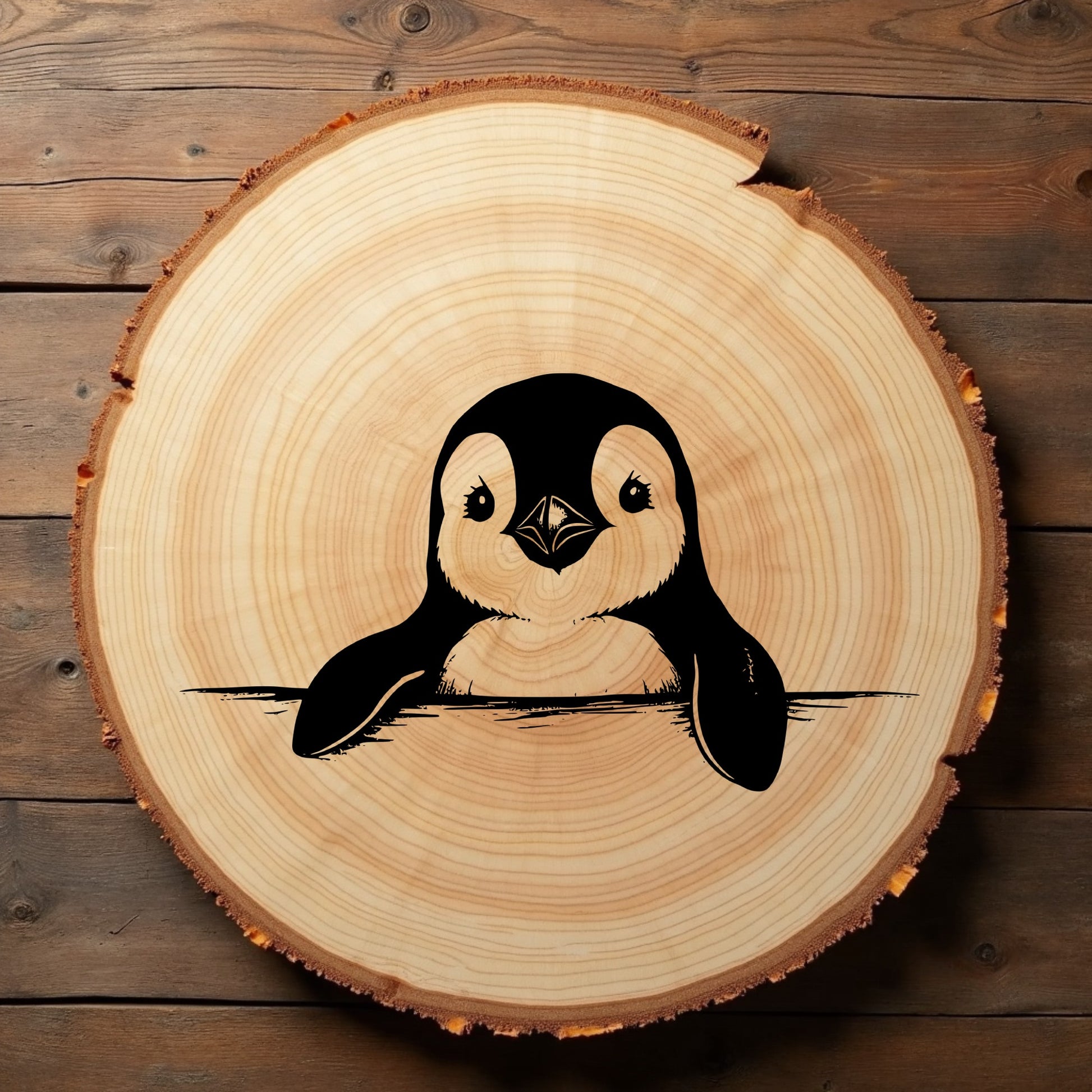 Wooden log with a penguin illustration on a wooden background