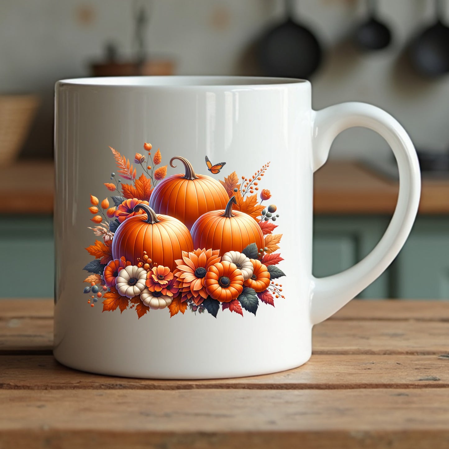 White mug with autumn-themed design featuring pumpkins and flowers on a wooden surface.
