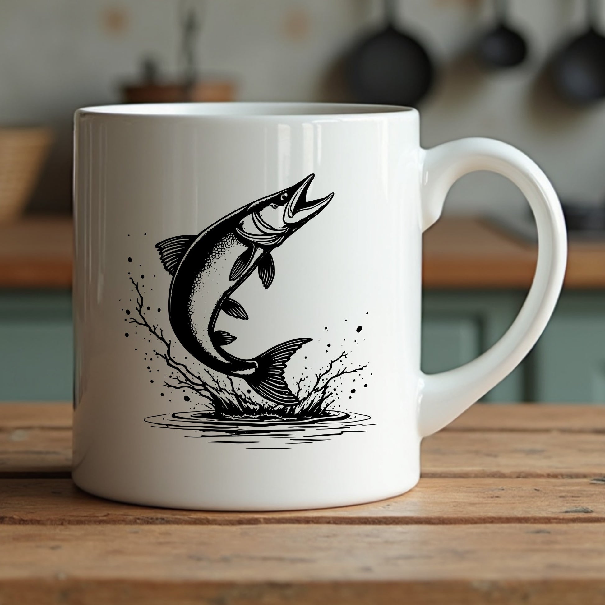 White mug with muskie silhouette fish design on a wooden surface