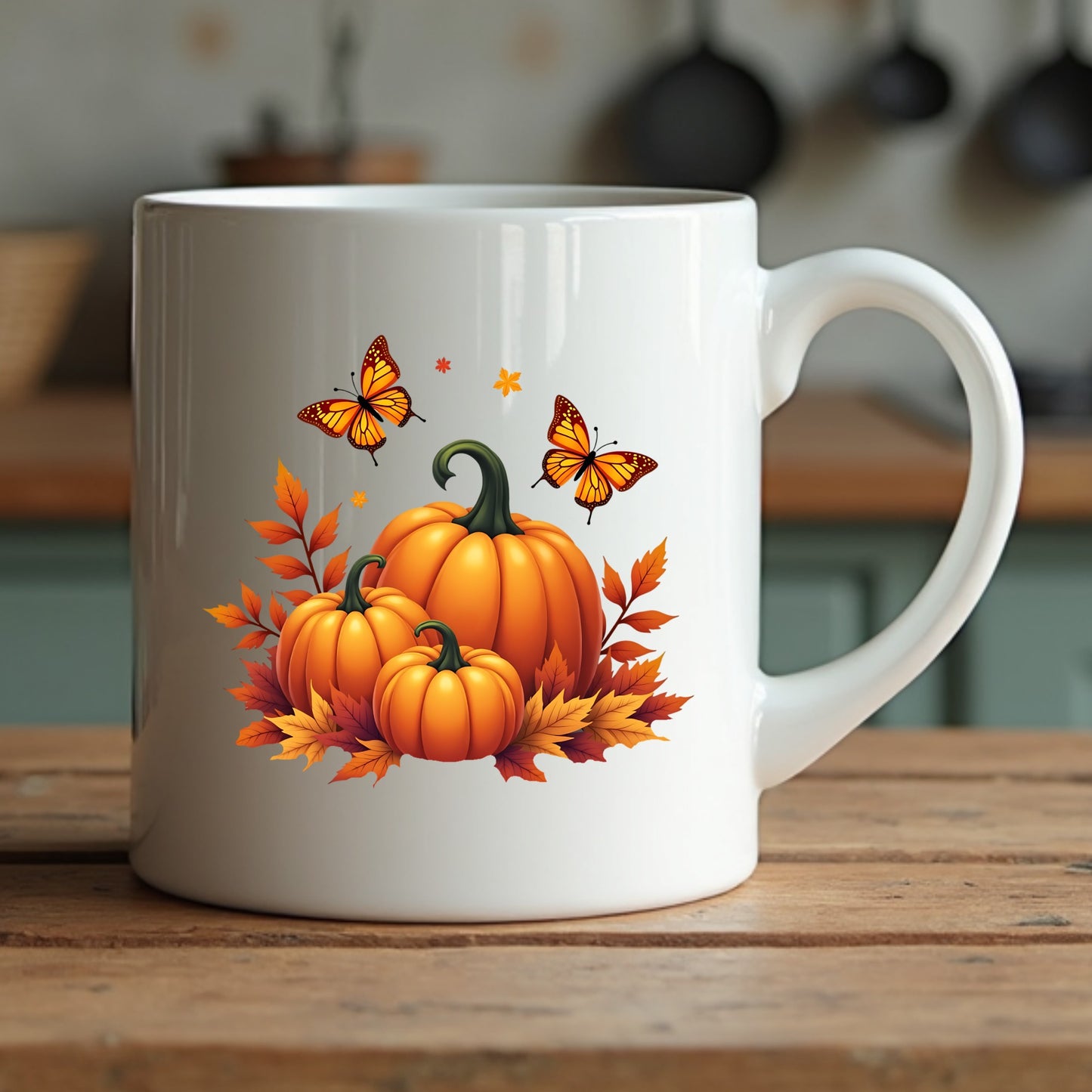 White mug with autumn-themed design featuring pumpkins and butterflies on a wooden surface.