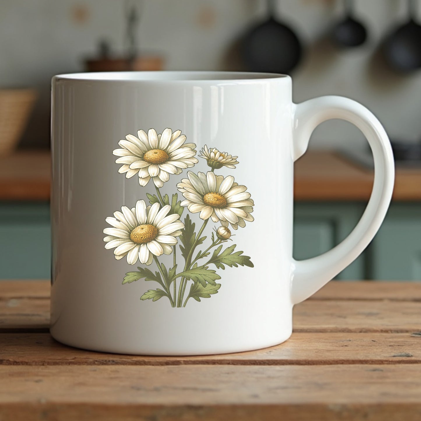 White mug with daisies design on a wooden surface