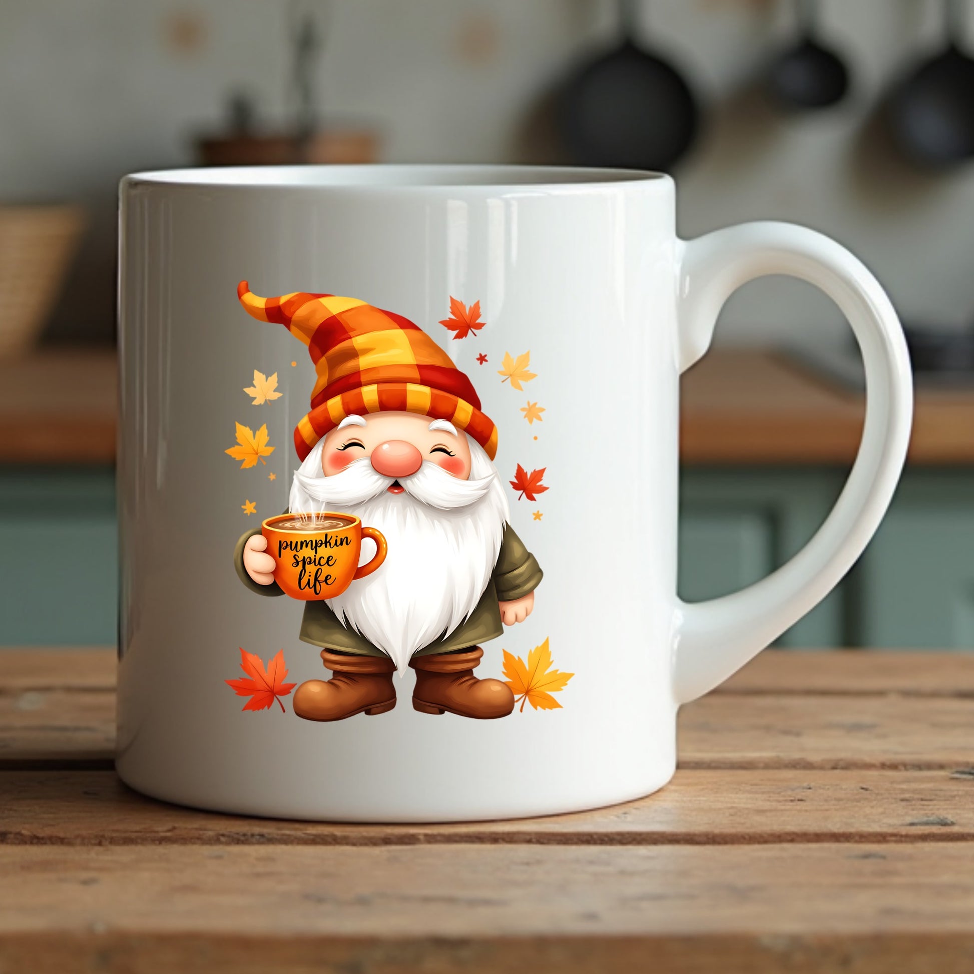 White mug with a cartoon gnome holding a pumpkin spice latte cup on a wooden surface.