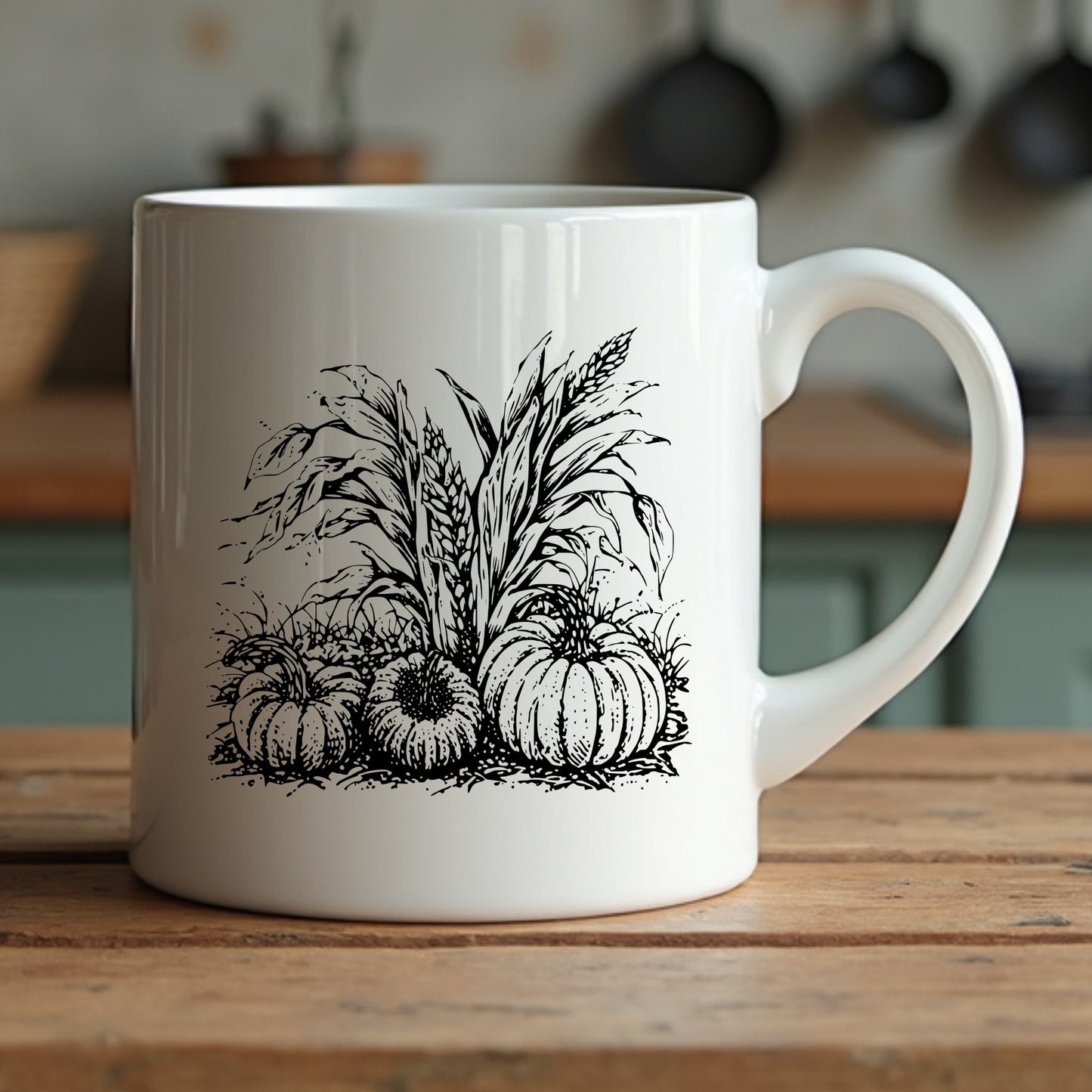 White mug with black pumpkin and corn illustration on a wooden surface