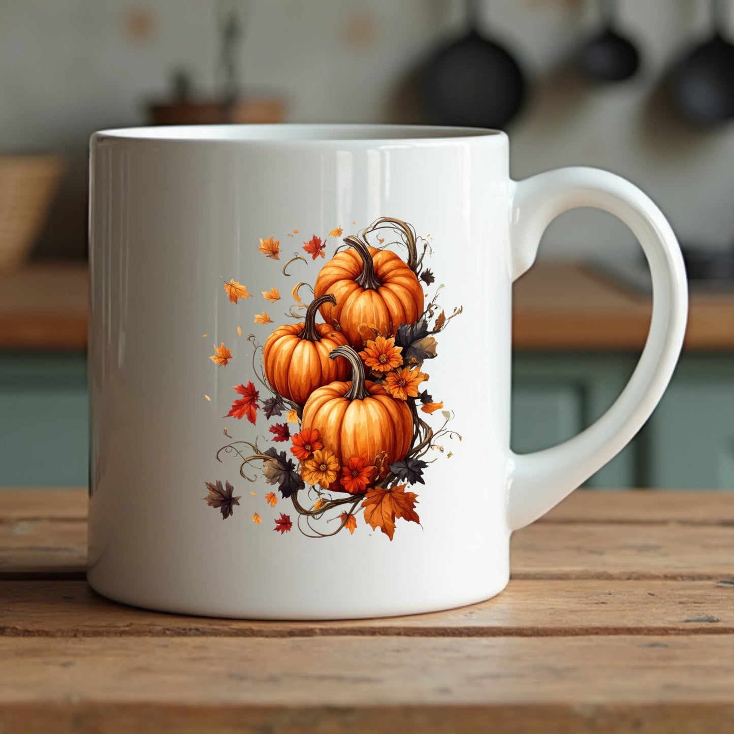 White mug with autumn-themed design featuring pumpkins and leaves on a wooden surface.