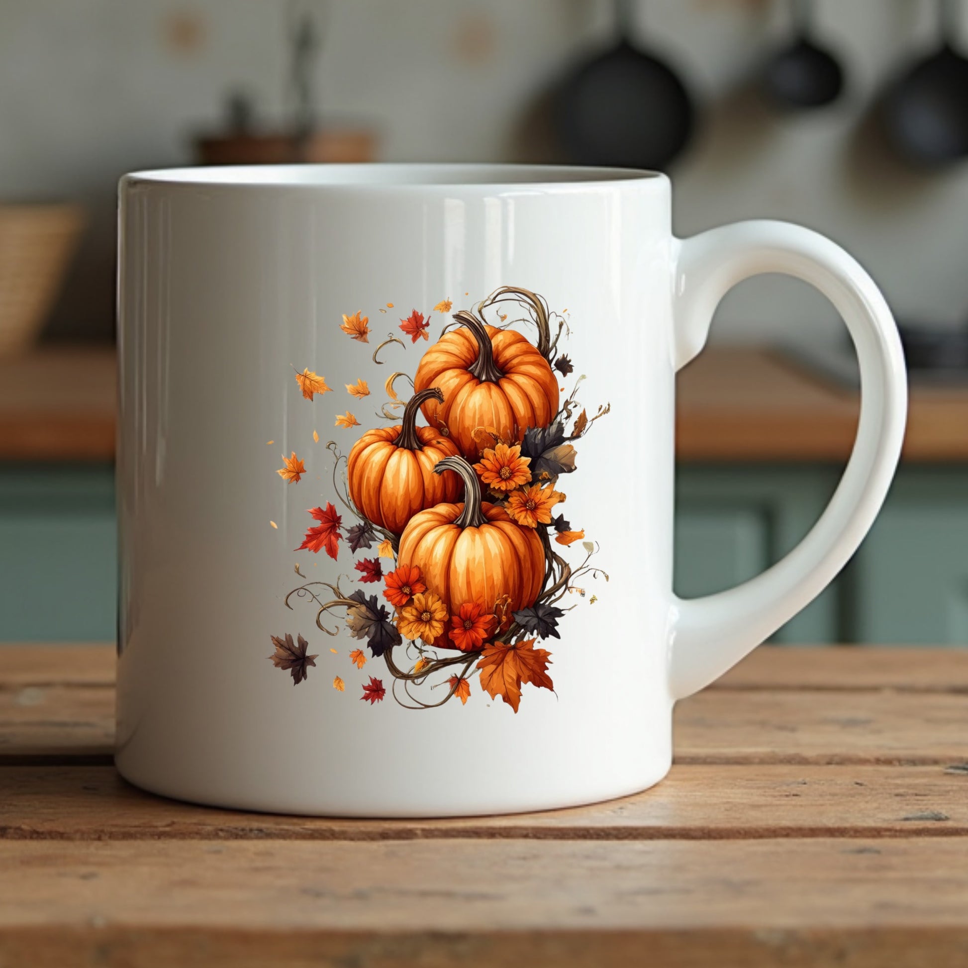White mug with autumn-themed design featuring pumpkins and leaves on a wooden surface.