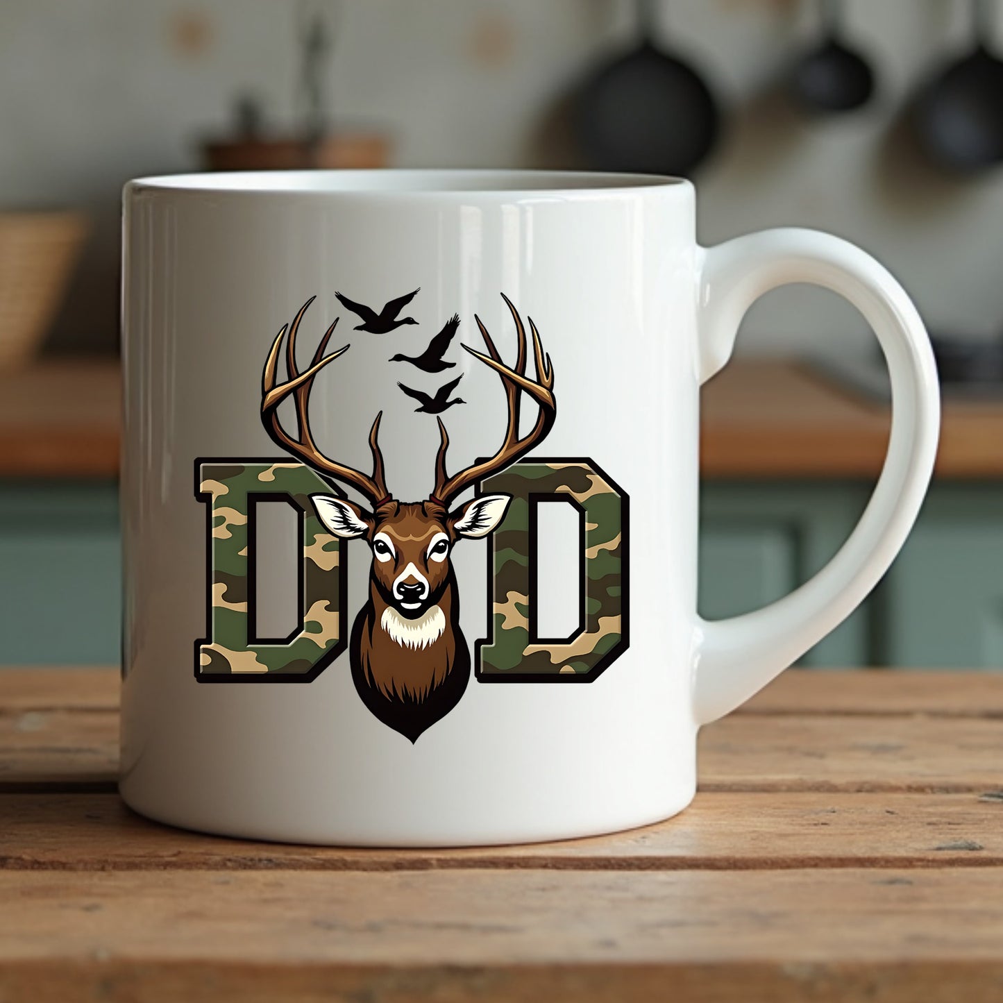 White mug with a deer design and 'DAD' text on a wooden surface.